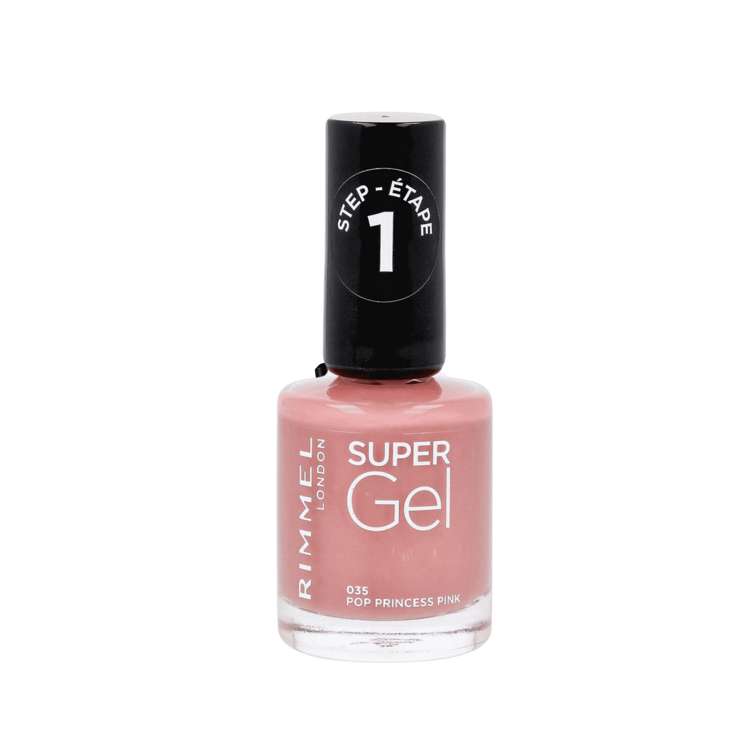 RIMMEL Super Gel Nail Polish 035 Pop Princess Pink in a soft pastel pink shade, displayed in the signature Super Gel bottle with a black Step 1 cap. Long-lasting gel-effect nail polish with salon-quality shine and no UV lamp required.