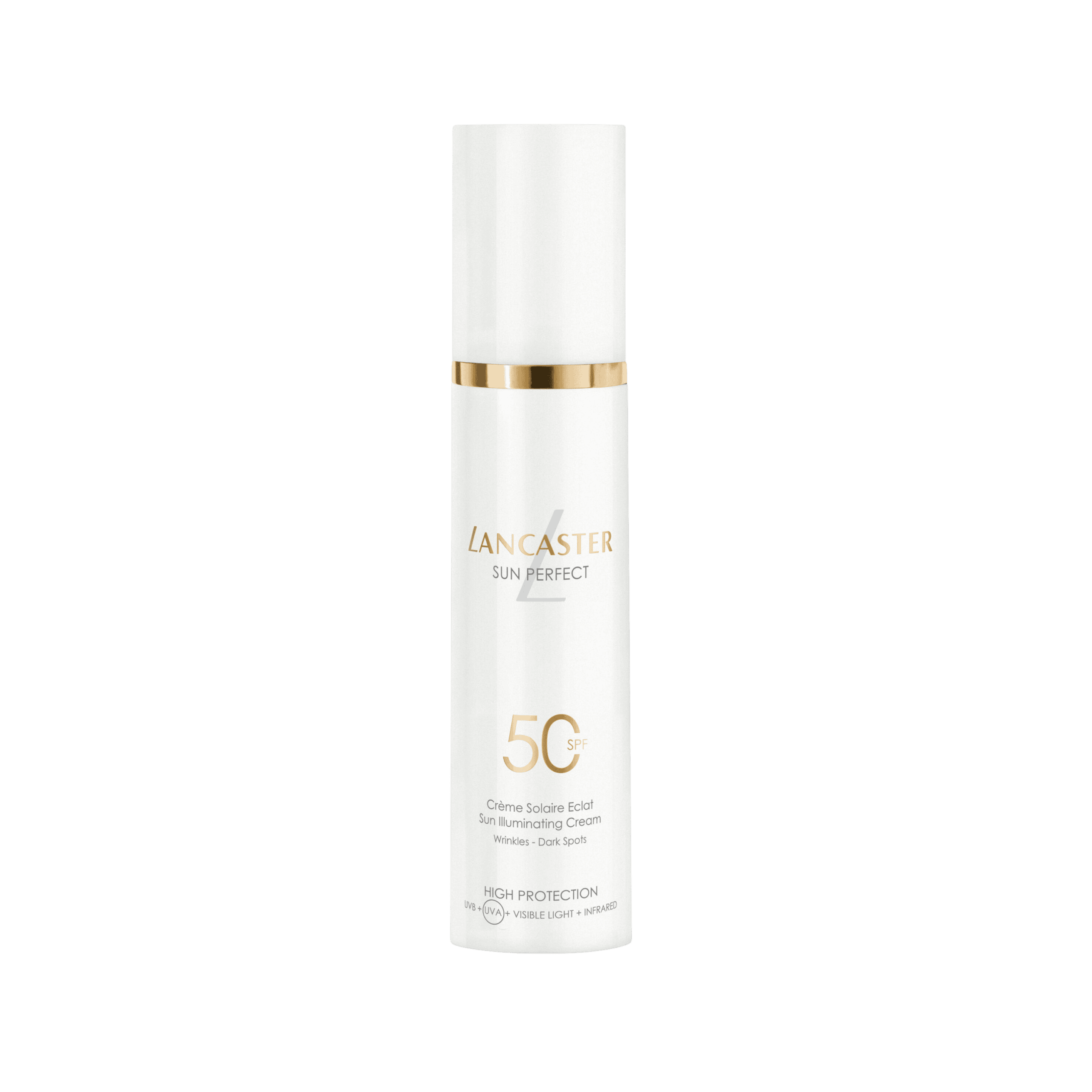 Lancaster Sun Perfect Illuminating Cream SPF50 30ml facial sunscreen offering high UVA, UVB, visible light and infrared protection while helping reduce the appearance of wrinkles and dark spots.