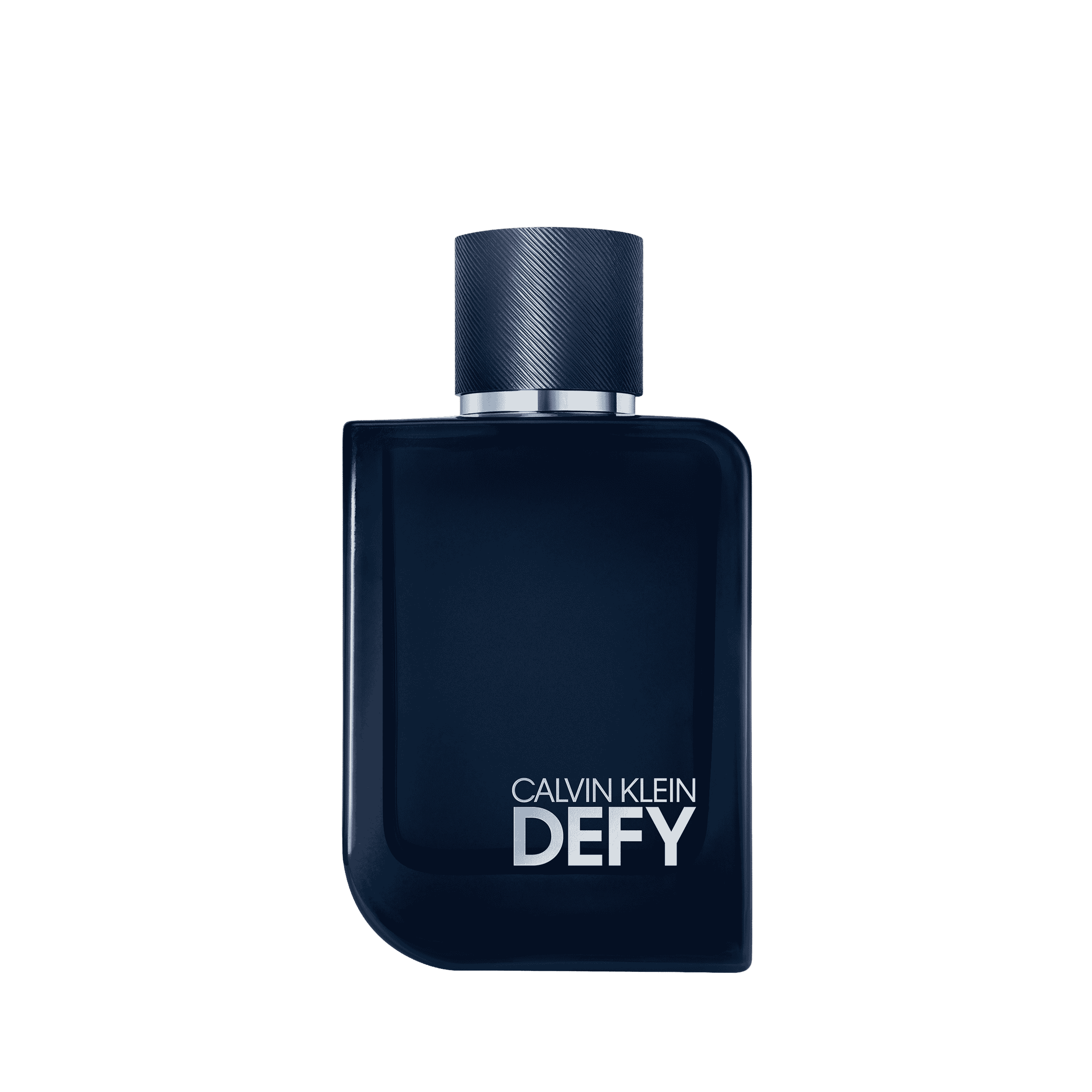 CALVIN KLEIN Defy Parfum 100ml for men, bold woody fragrance in a dark blue bottle.