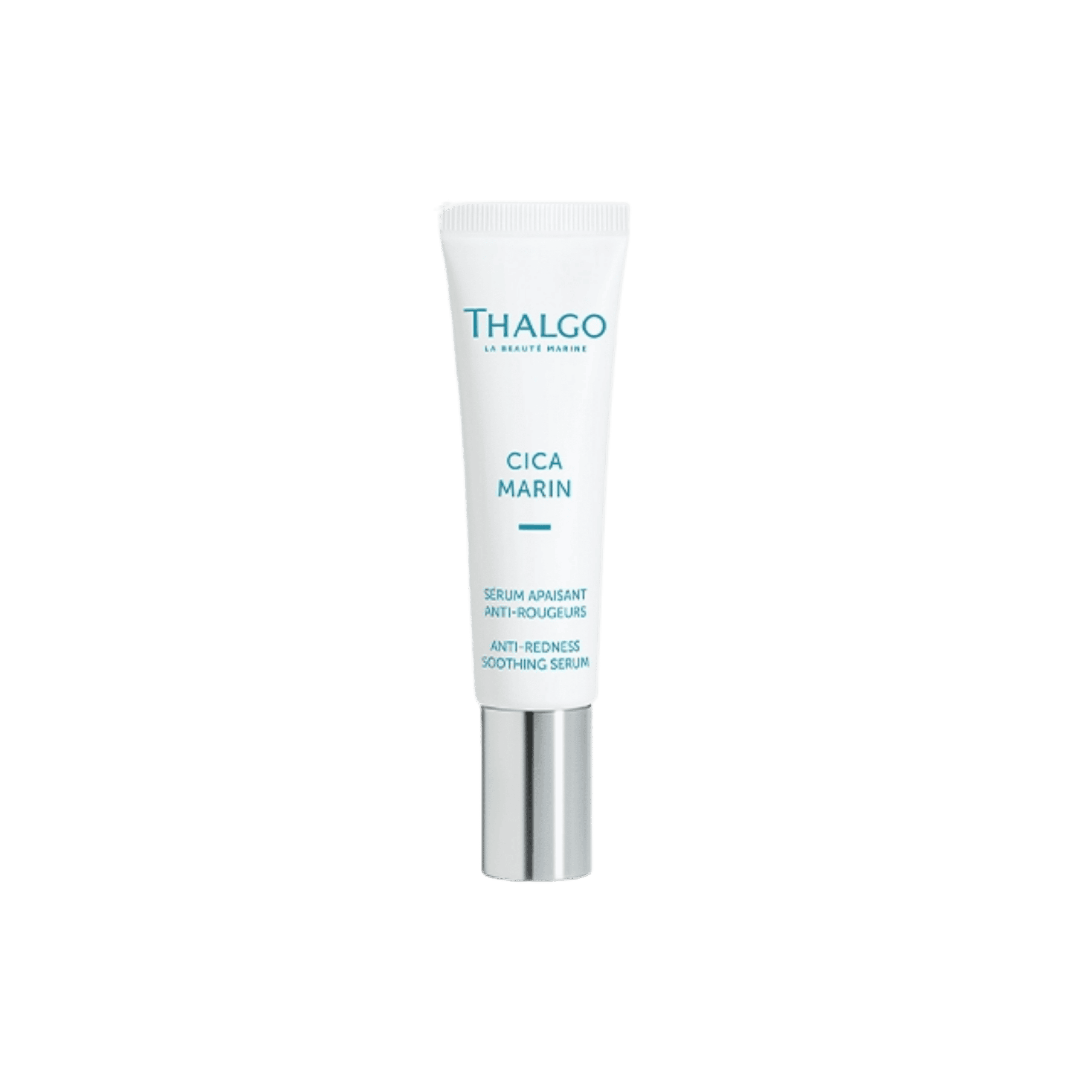THALGO Cica Marin Anti-Redness Soothing Serum 15ml in a white tube with blue branding and a silver cap, designed to soothe sensitive skin and reduce the appearance of redness