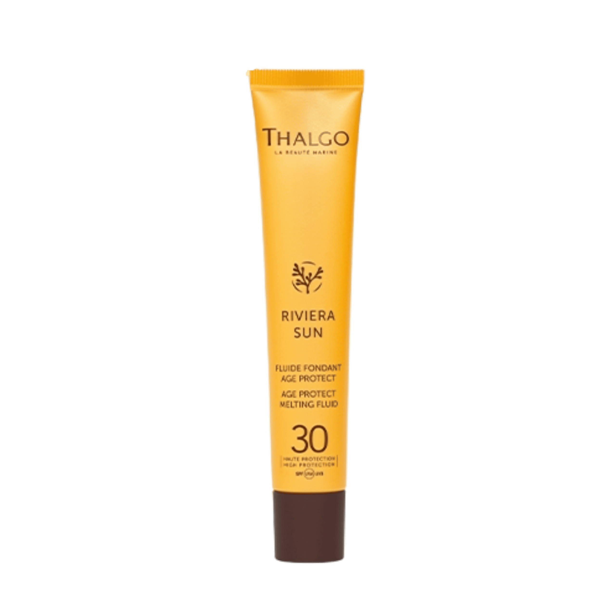 **Alt text:** Thalgo Riviera Sun Age Protect Melting Fluid SPF30 sunscreen in a yellow tube with a dark brown cap, isolated on a white background. Lightweight anti-ageing sun protection for the face.