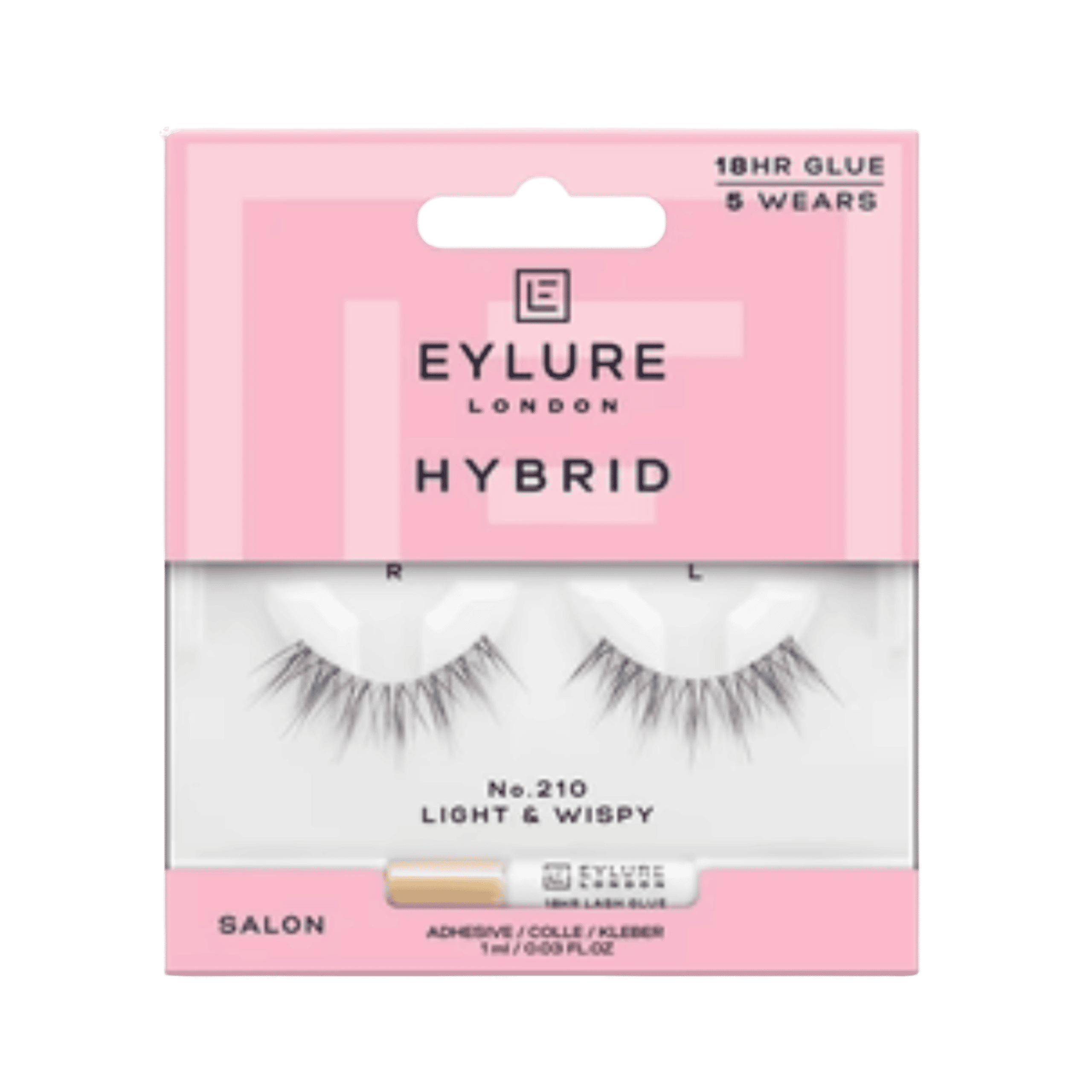 Eylure London Hybrid 210 false lashes in retail packaging with latex-free adhesive included.