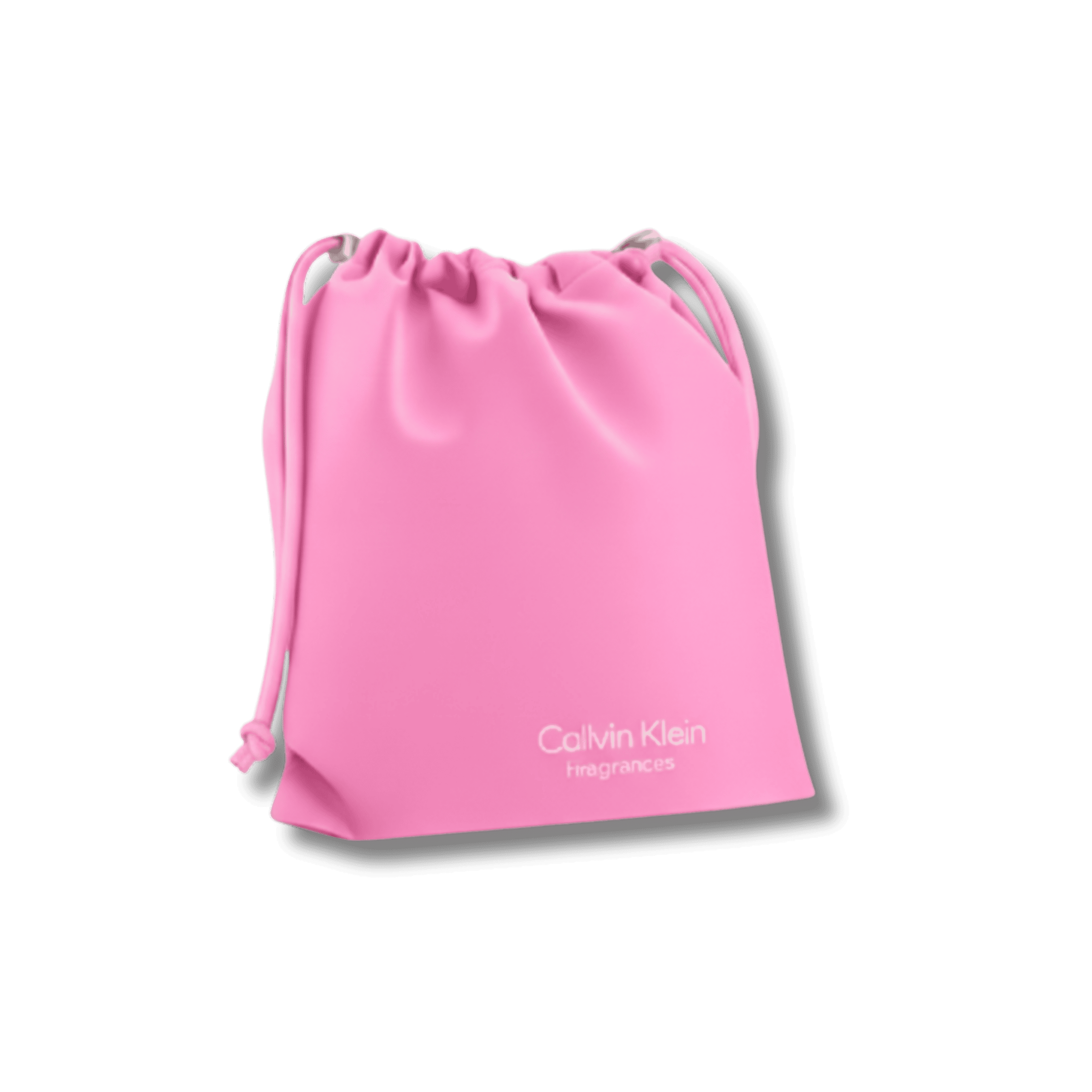 A vibrant pink Calvin Klein Fragrances drawstring pouch with a gathered top and silver logo branding, isolated on a transparent background.