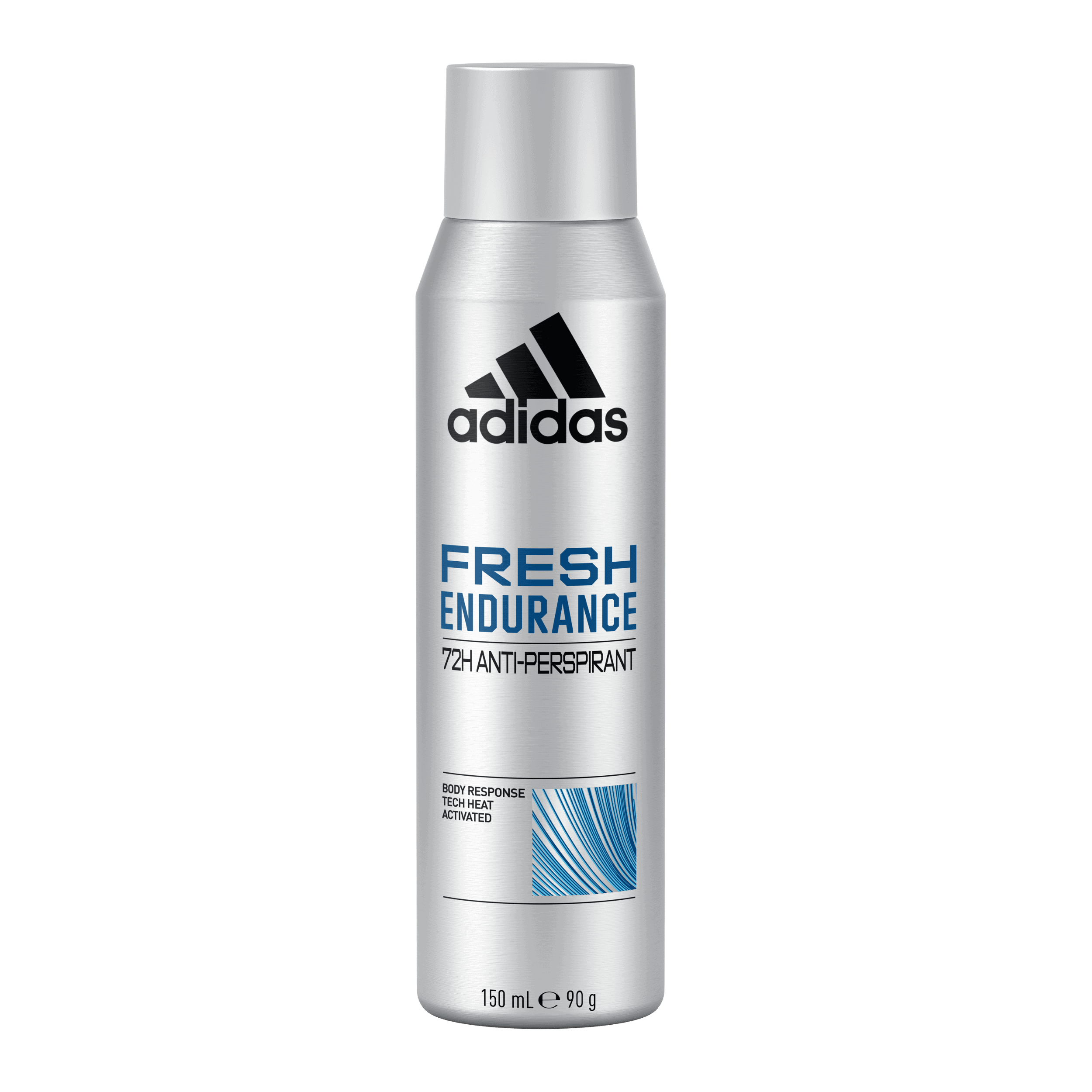 Adidas Fresh Endurance 72H Anti-Perspirant spray for men, 150ml silver aerosol can with blue accents.