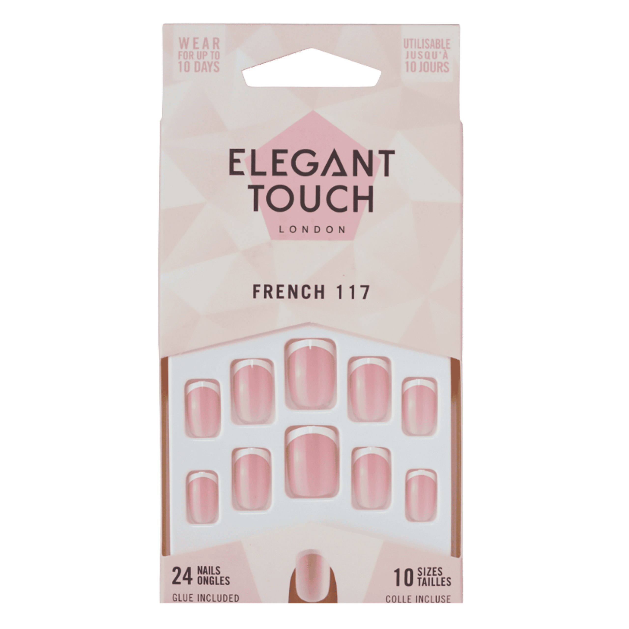 ELEGANT TOUCH FALSE NAILS FRENCH 117 (4594) - 5011522174594 Elegant Touch French 117 false nails with classic French tip design and glue included in retail packaging.