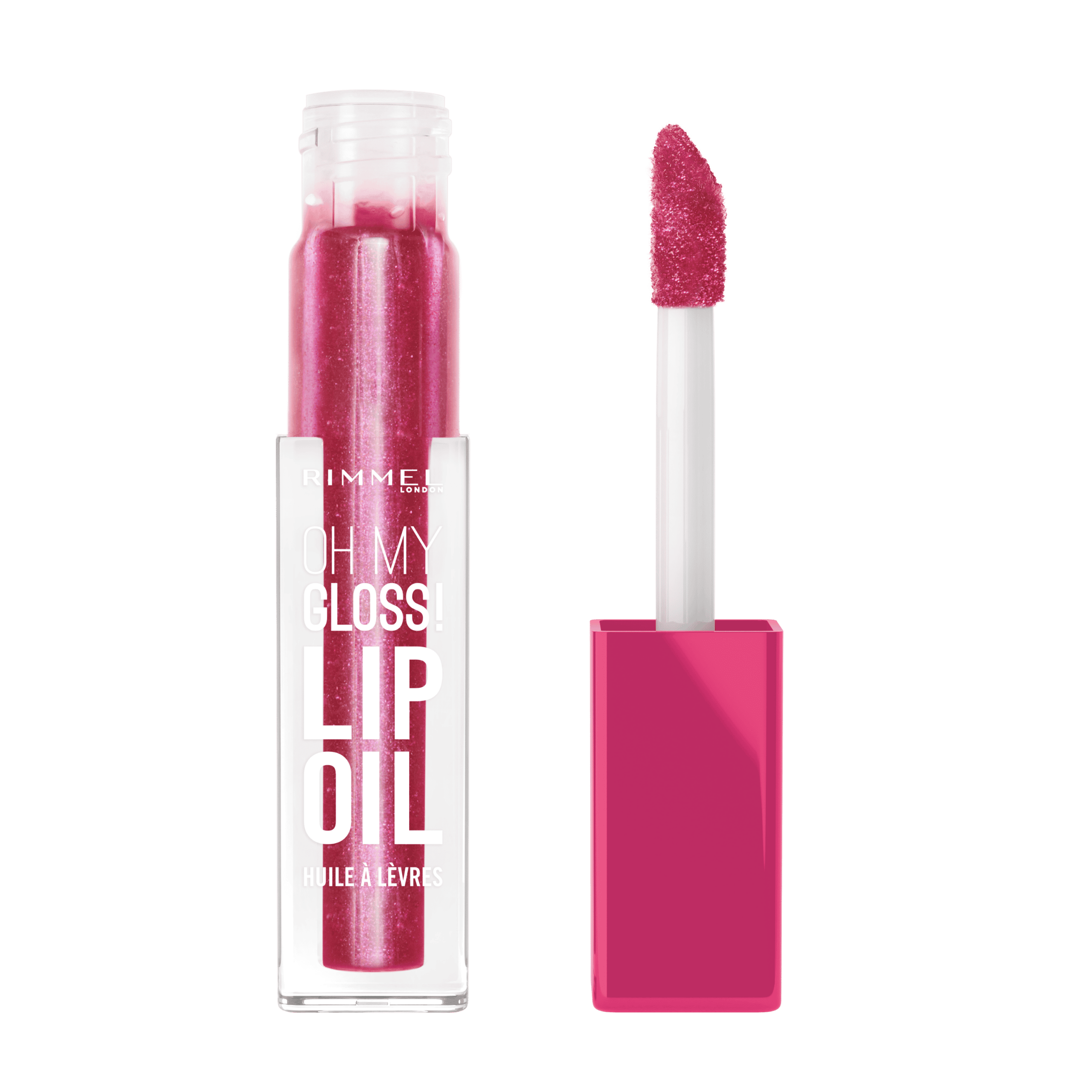 Open packshot of Rimmel London Oh My Gloss! Lip Oil in shade 007 Fuchsia Punch, a hydrating vegan lip gloss oil with glossy shine and 4.5ml size.