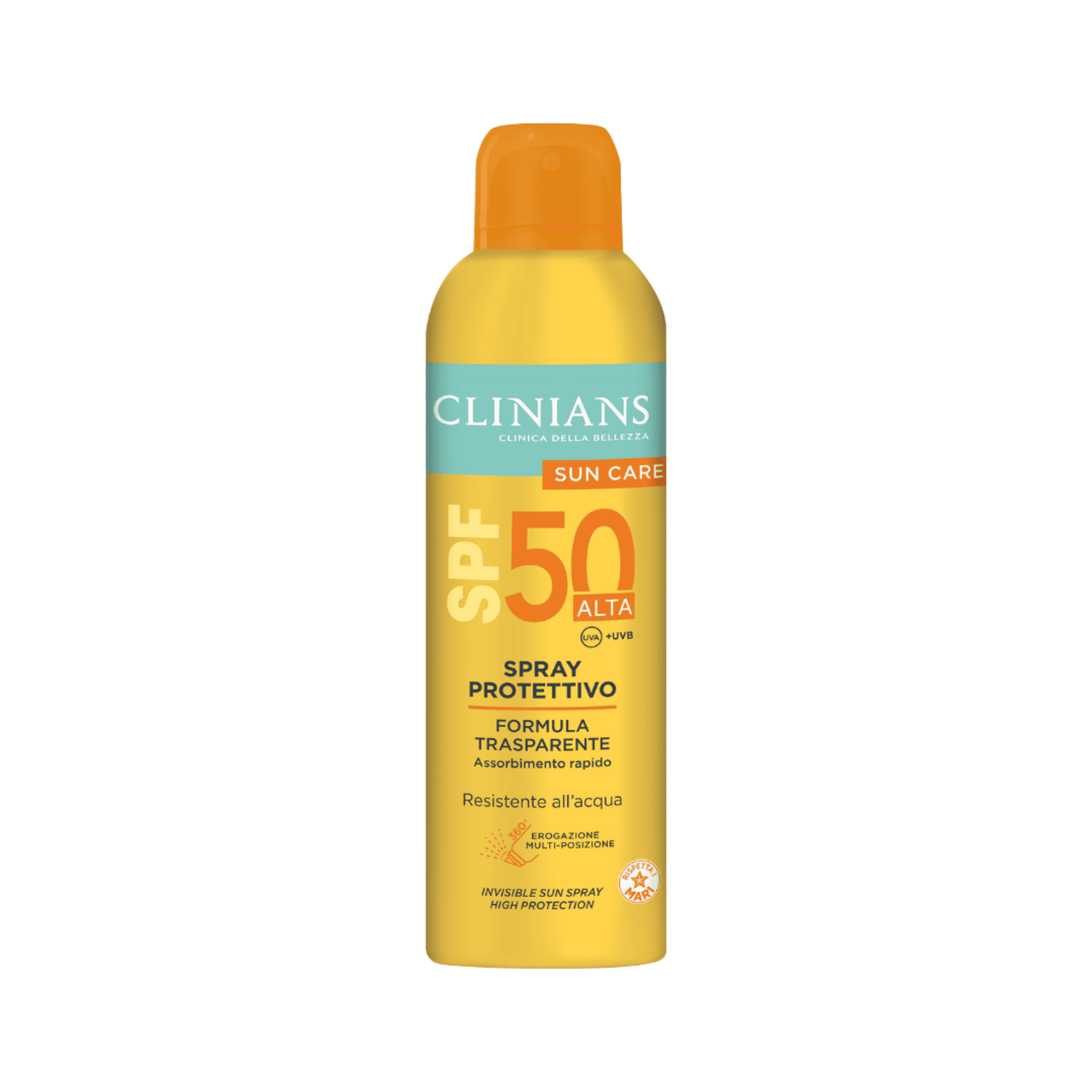 CLINIANS Sun Protective Invisible Sun Spray SPF50 150ml — white and orange spray bottle on white background