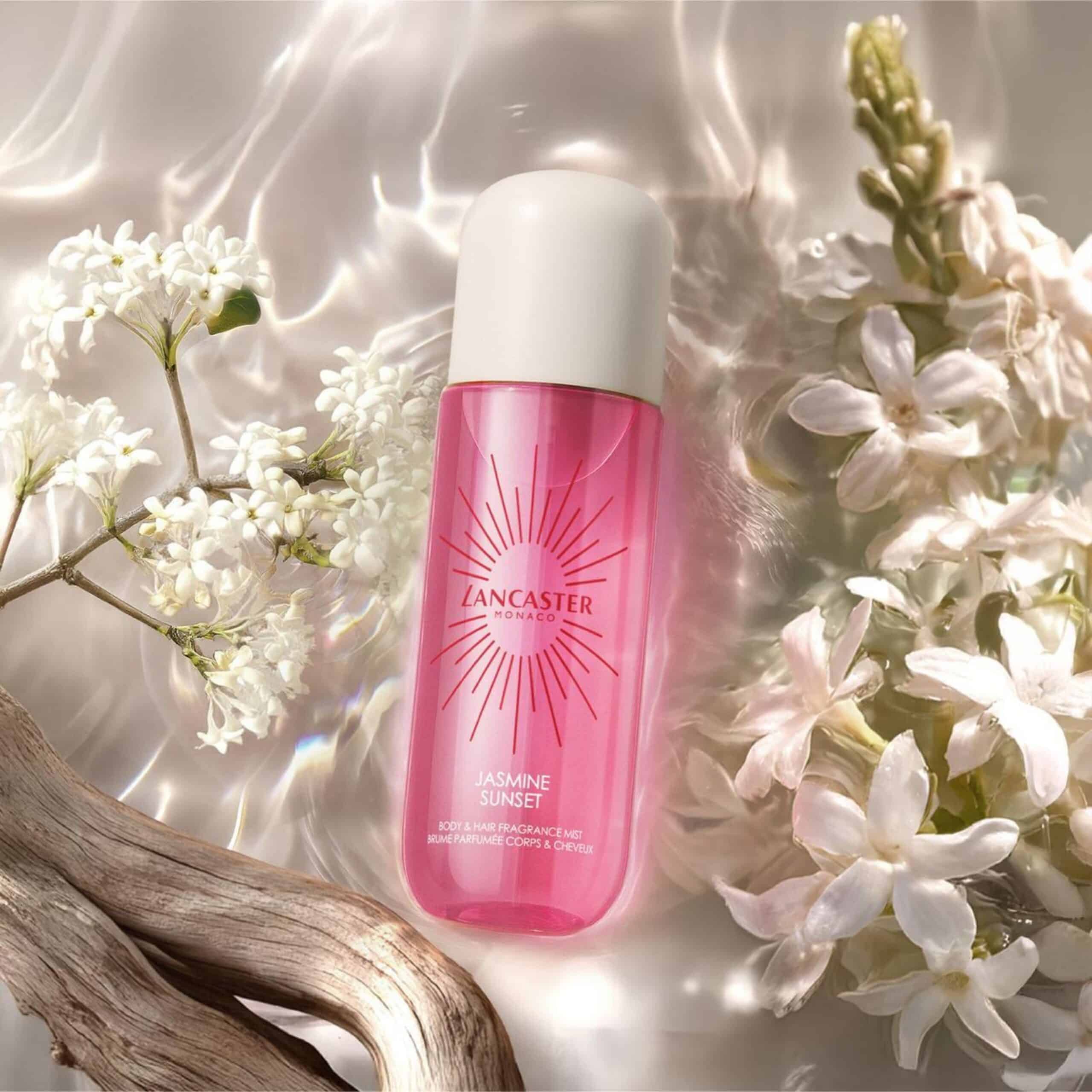 LNC MISTS JASM 26 Digital CPS + Ingredient Multi 2500x2500 Lancaster Jasmine Sunset Hair & Body Mist with jasmine flowers in water
