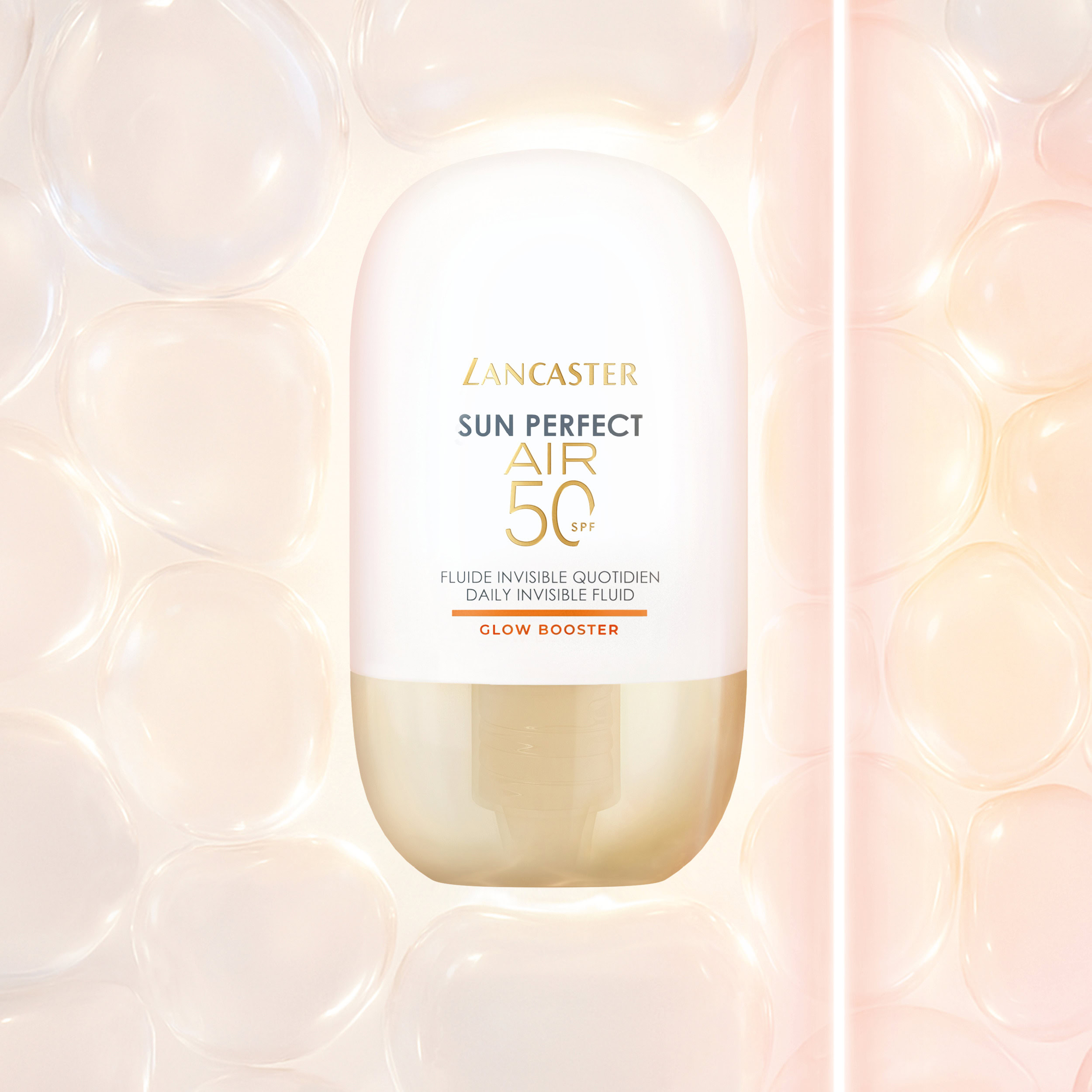 LNC-SUN-PRFCT-AIR-GLOW-26-Digital-CPS-Technology-2500x2500 Lancaster Sun Perfect AIR Daily Invisible Fluid SPF50 Glow Booster promotional image with soft glowing background