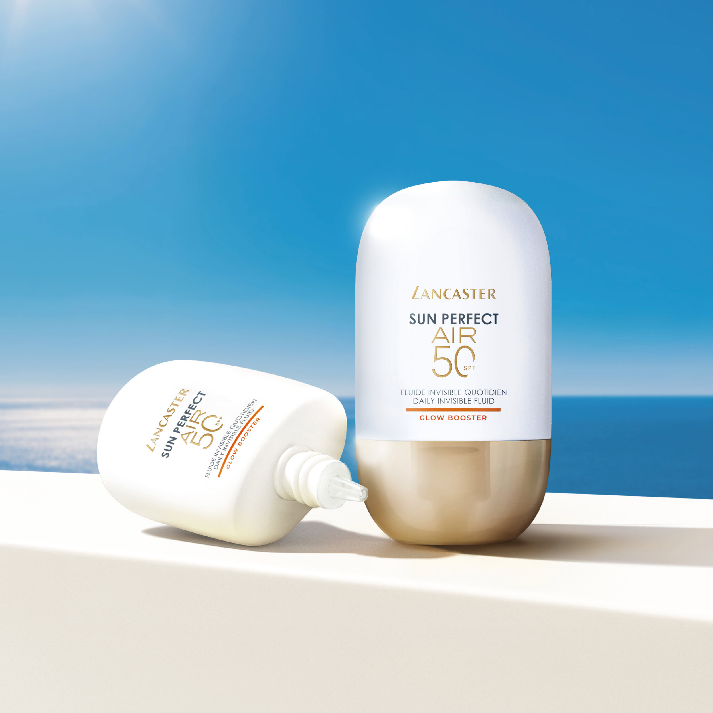 LNC-SUN-PRFCT-AIR-GLOW-26-Digital-Duo-CPS-Open-2500x2500 A minimalist product visual featuring a sun care stick SPF 50+ designed for high protection and easy daily application.