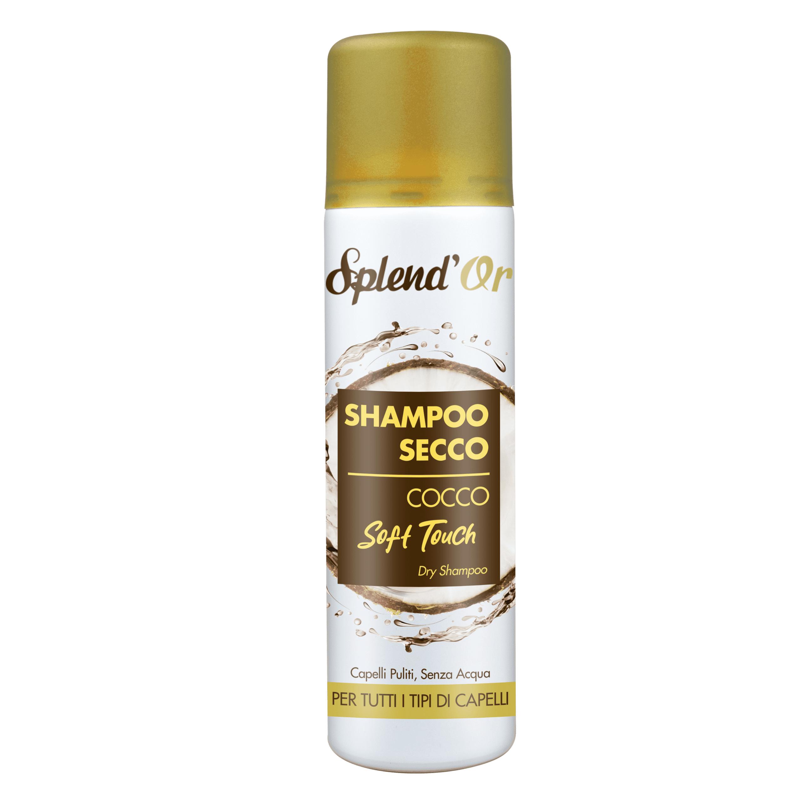 Splend'Or Coconut Dry Shampoo 200ml aerosol spray for all hair types white and gold bottle front view