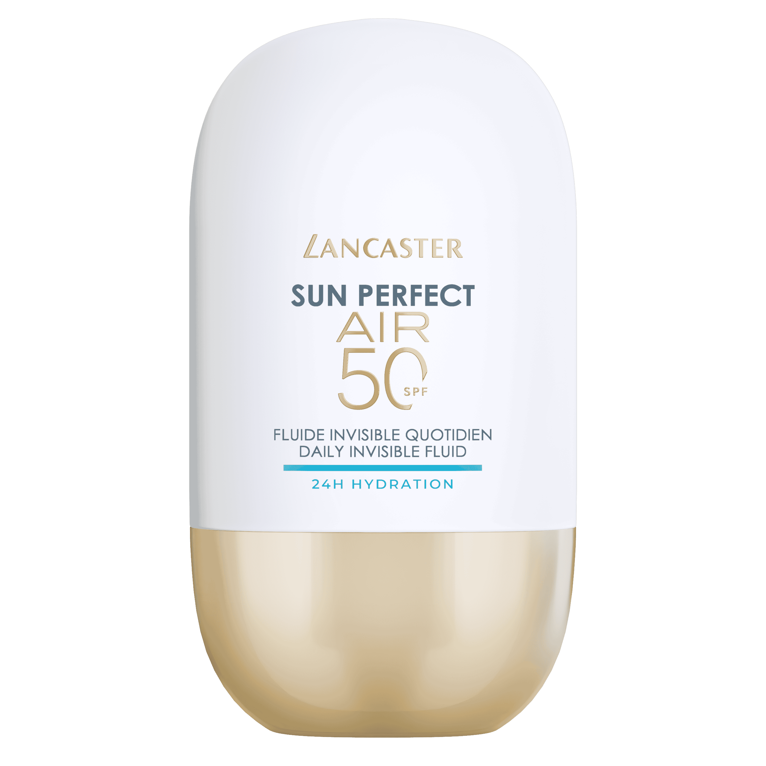 Lancaster Sun Perfect Air SPF50 Daily Invisible Fluid 40ml white and gold sunscreen bottle on transparent background