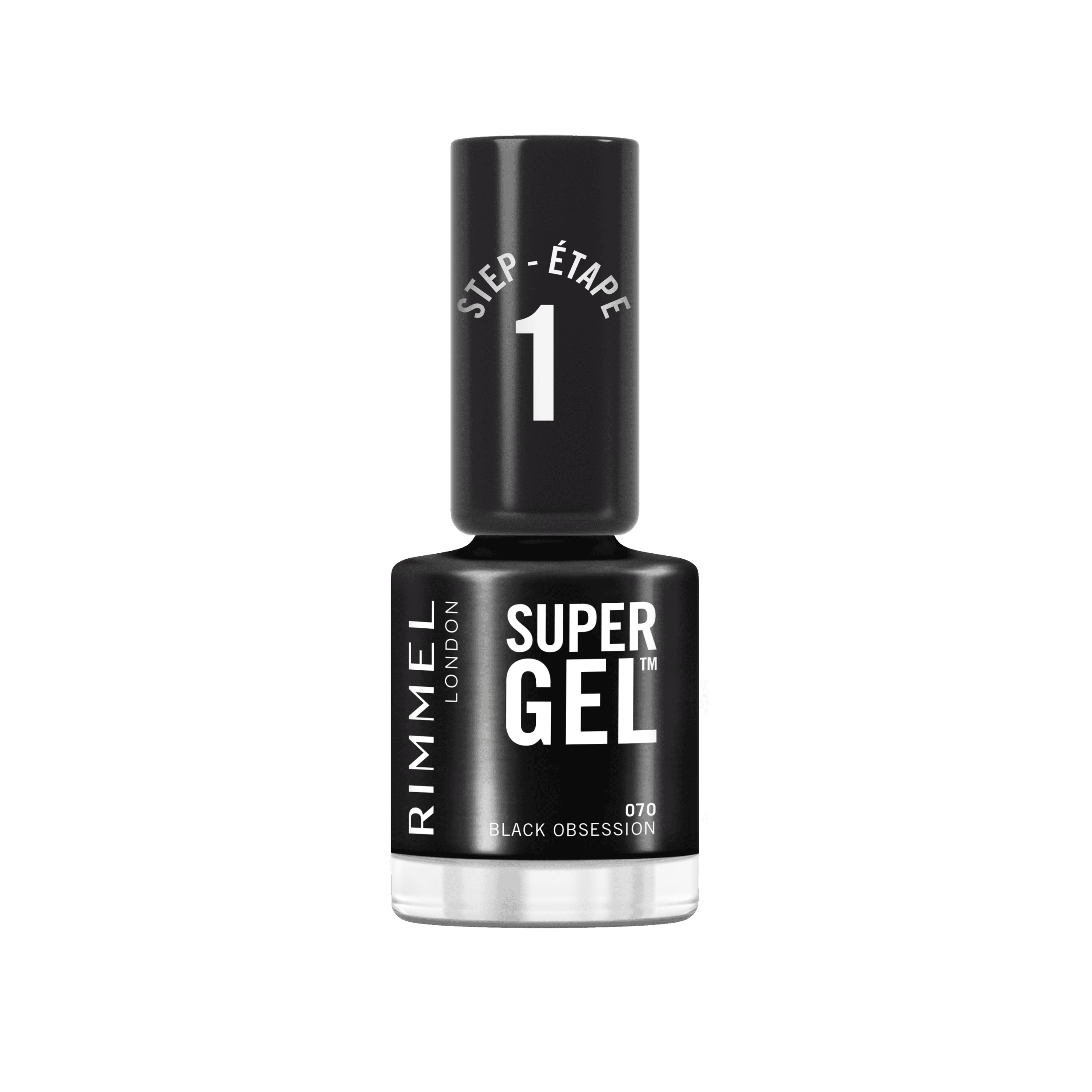 RIMMEL Super Gel Nail Polish 070 Black Obsession 12ml with intense black colour and a glossy gel-like finish