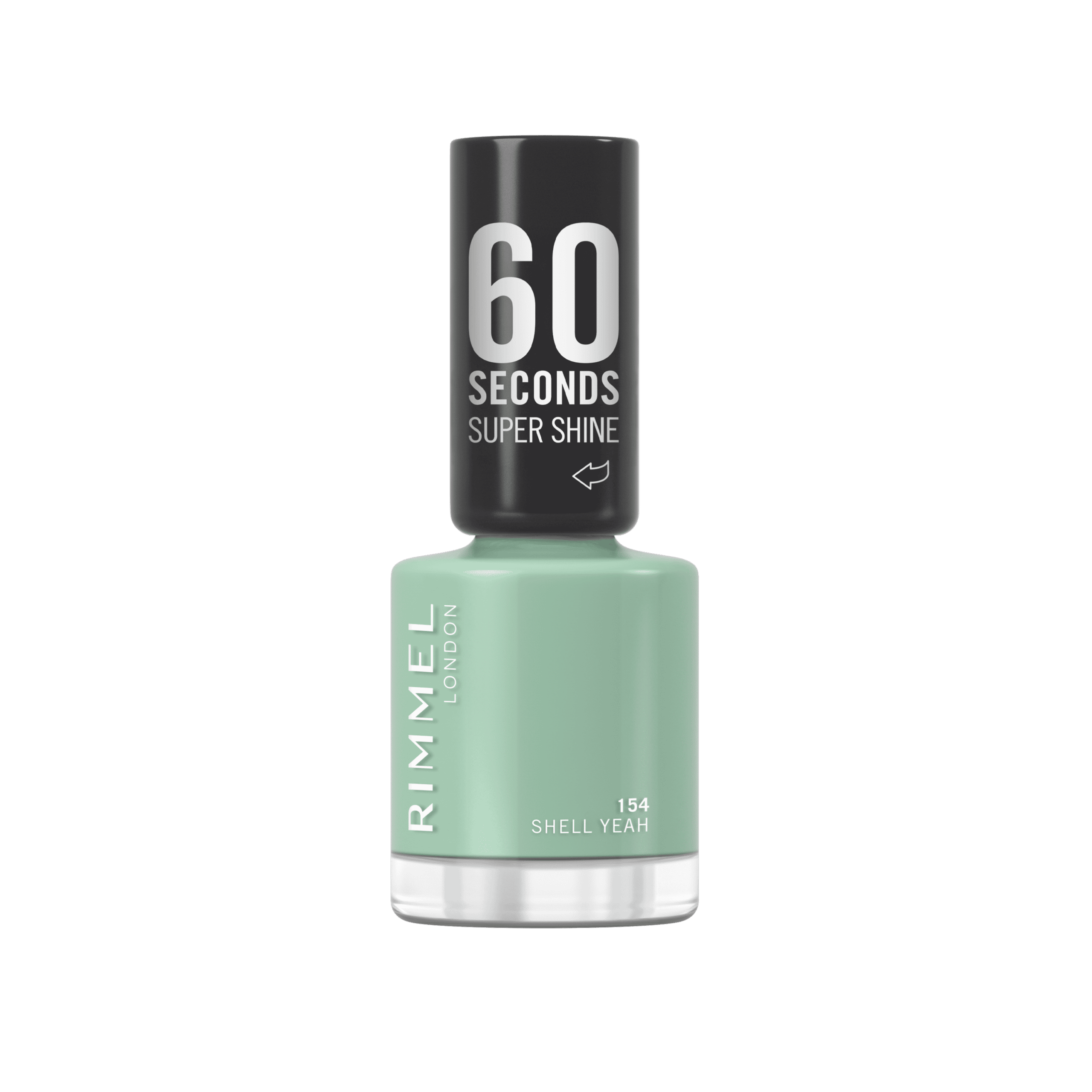 RIMMEL 60 Seconds Super Shine Nail Polish 154 Shell Yeah! in a soft pastel green shade with an ultra-glossy shine finish.