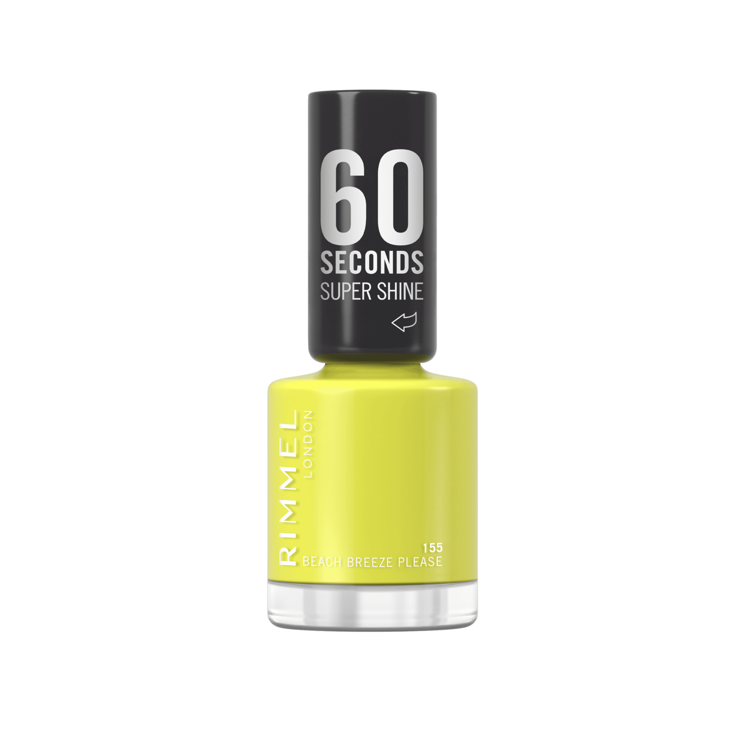 RIMMEL 60 Seconds Super Shine Nail Polish 155 Beach Breeze Please 8ml in a bright pastel yellow shade with an ultra-glossy shine finish and quick-dry formula.