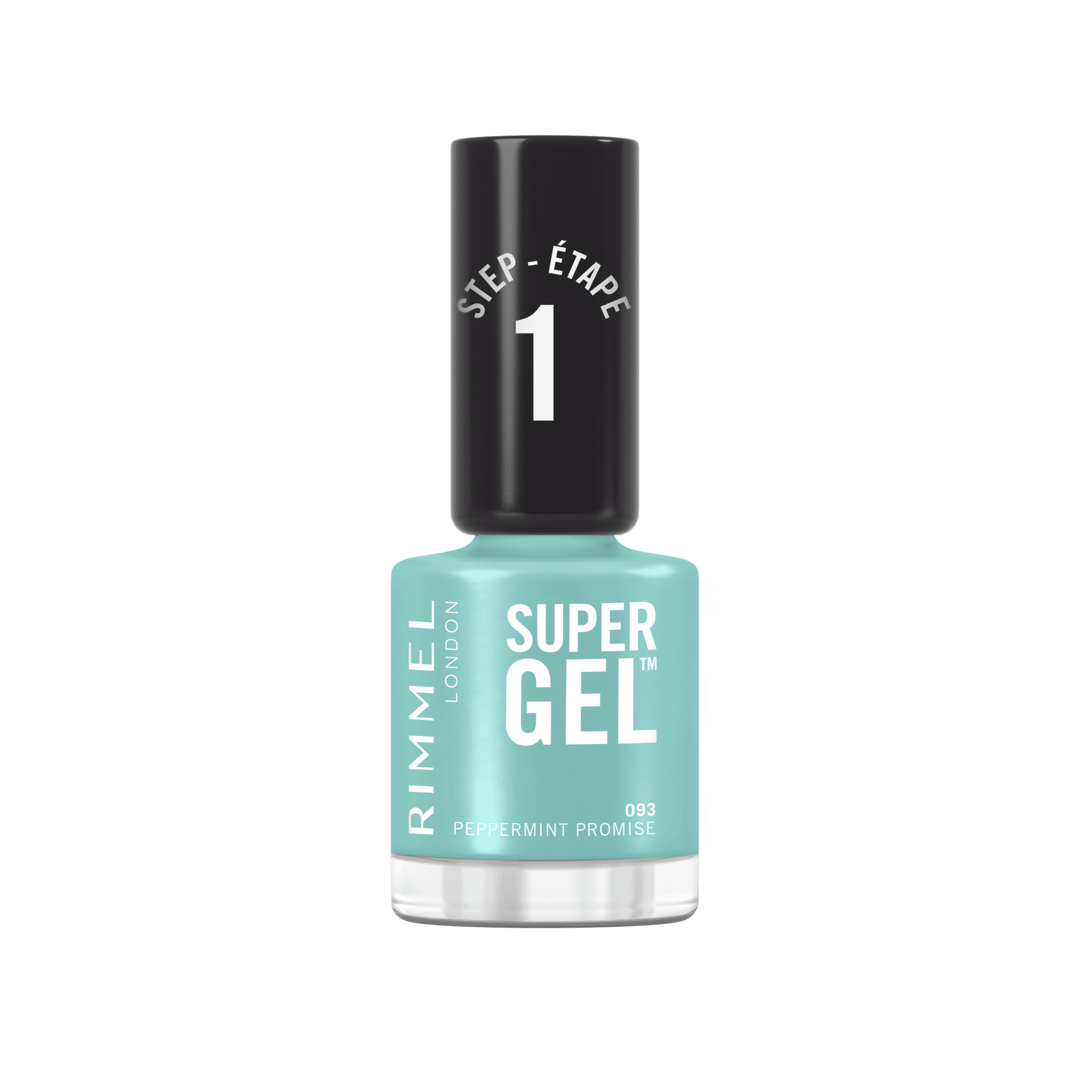 RIMMEL Super Gel Nail Polish 093 Peppermint Promise 12ml in a fresh mint green shade with a glossy gel-like finish.