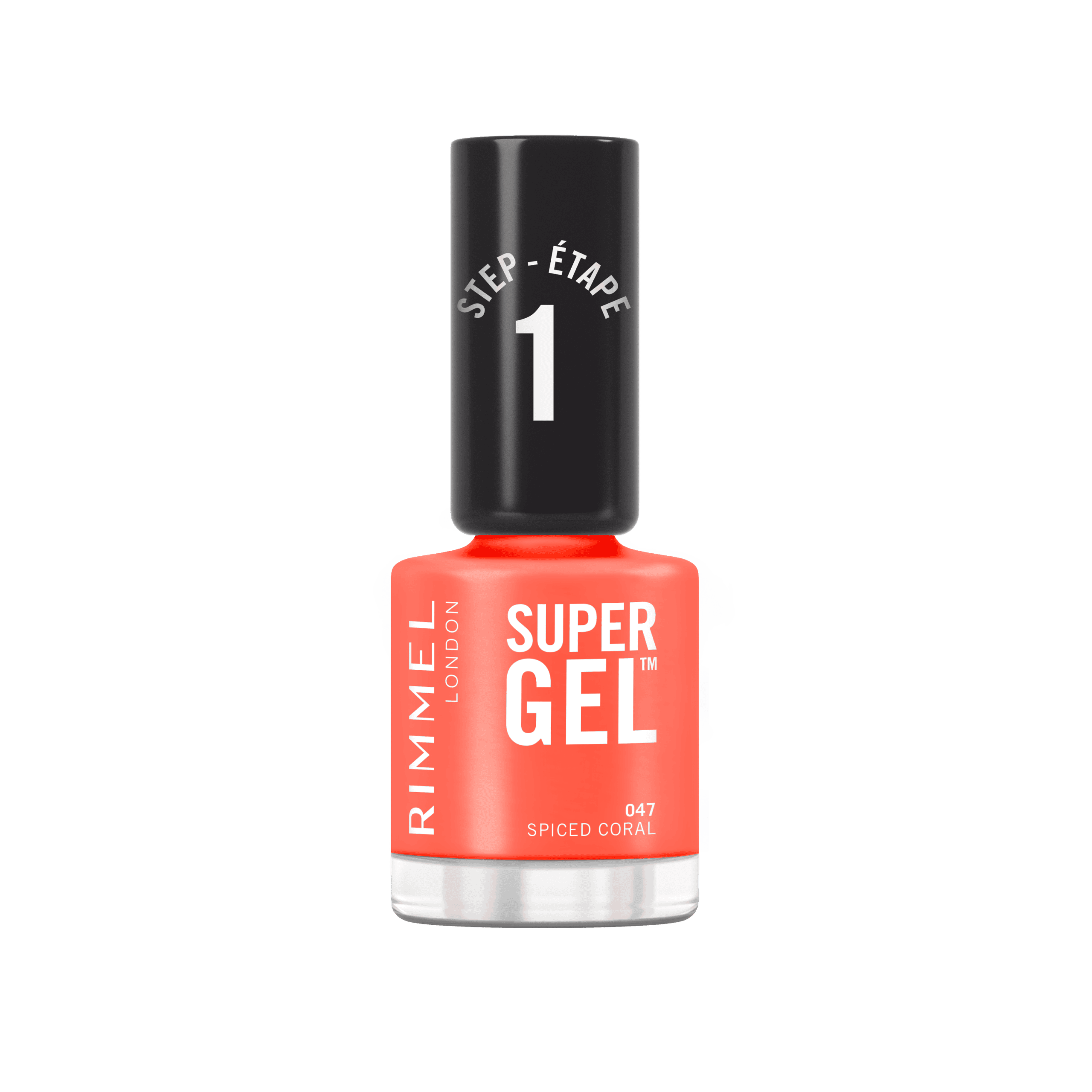 RIMMEL Super Gel Nail Polish 047 Spiced Coral 12ml with a vibrant coral shade and a glossy gel-like finish.