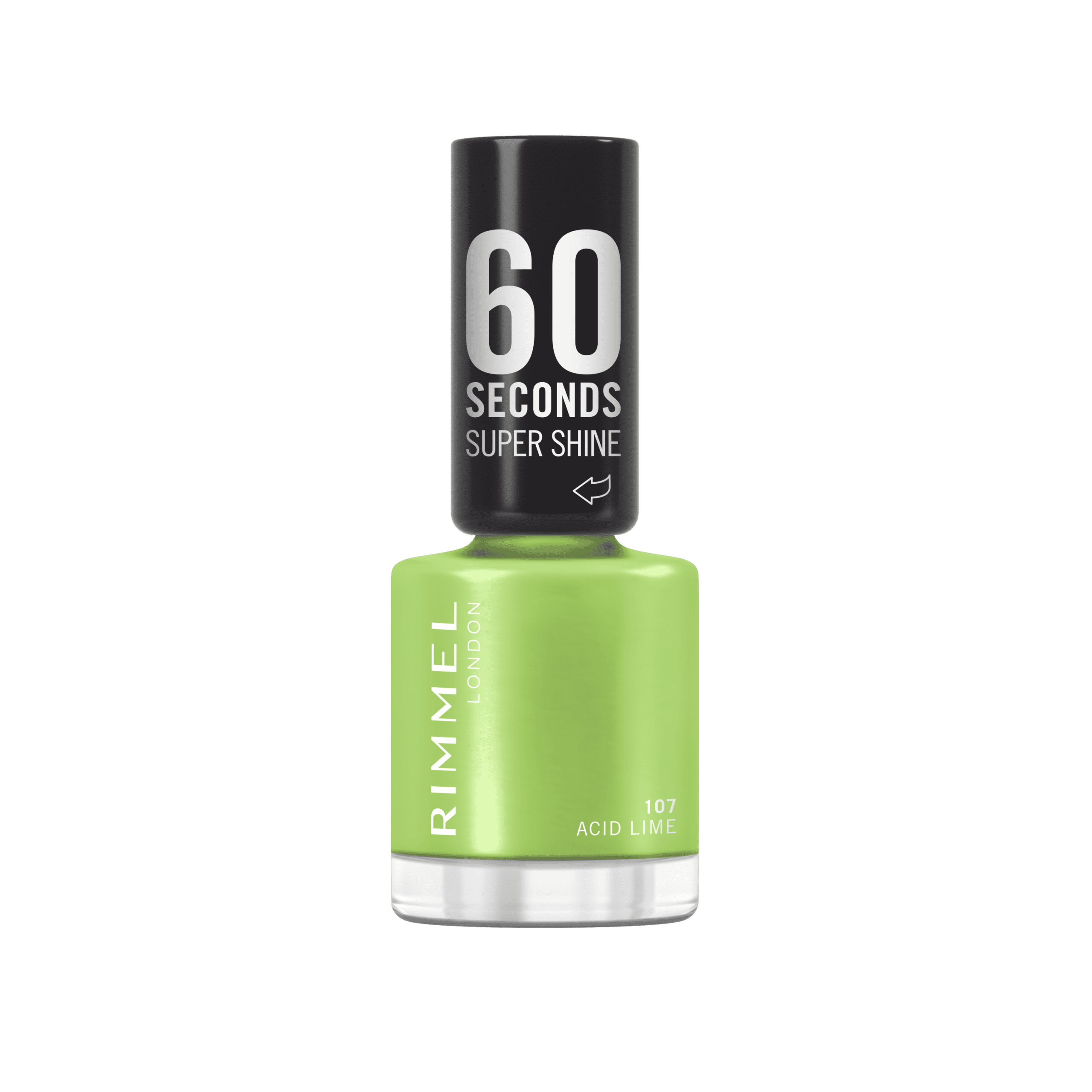 RIMMEL 60 Seconds Super Shine Nail Polish 107 Acid Lime 8ml in a vibrant lime green shade with an ultra-glossy shine finish and quick-dry formula.