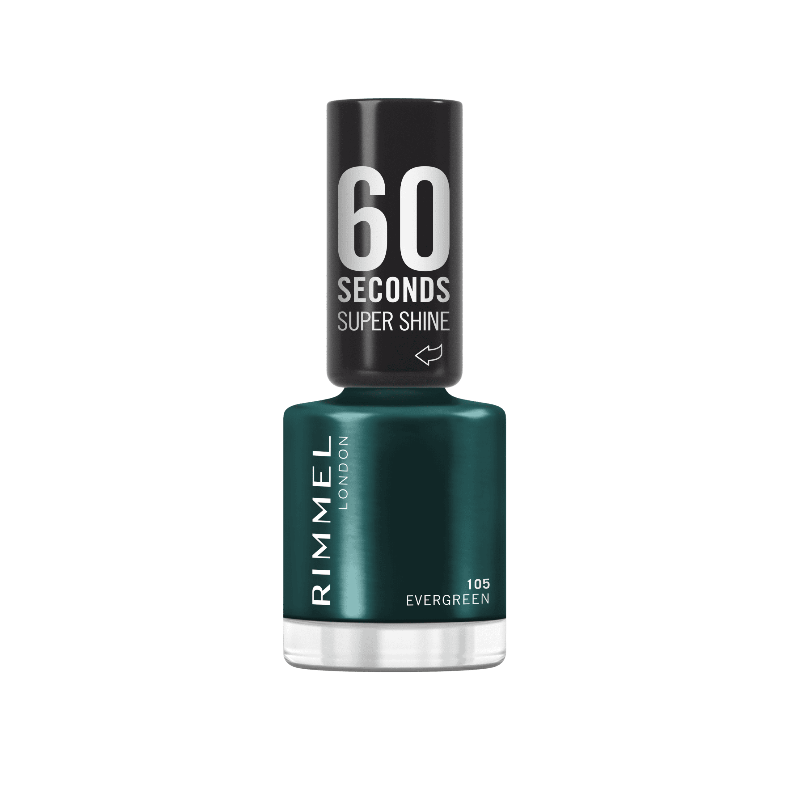 RIMMEL 60 Seconds Super Shine Nail Polish 105 Evergreen 8ml in a deep forest green shade with an ultra-glossy shine finish and quick-dry formula.
