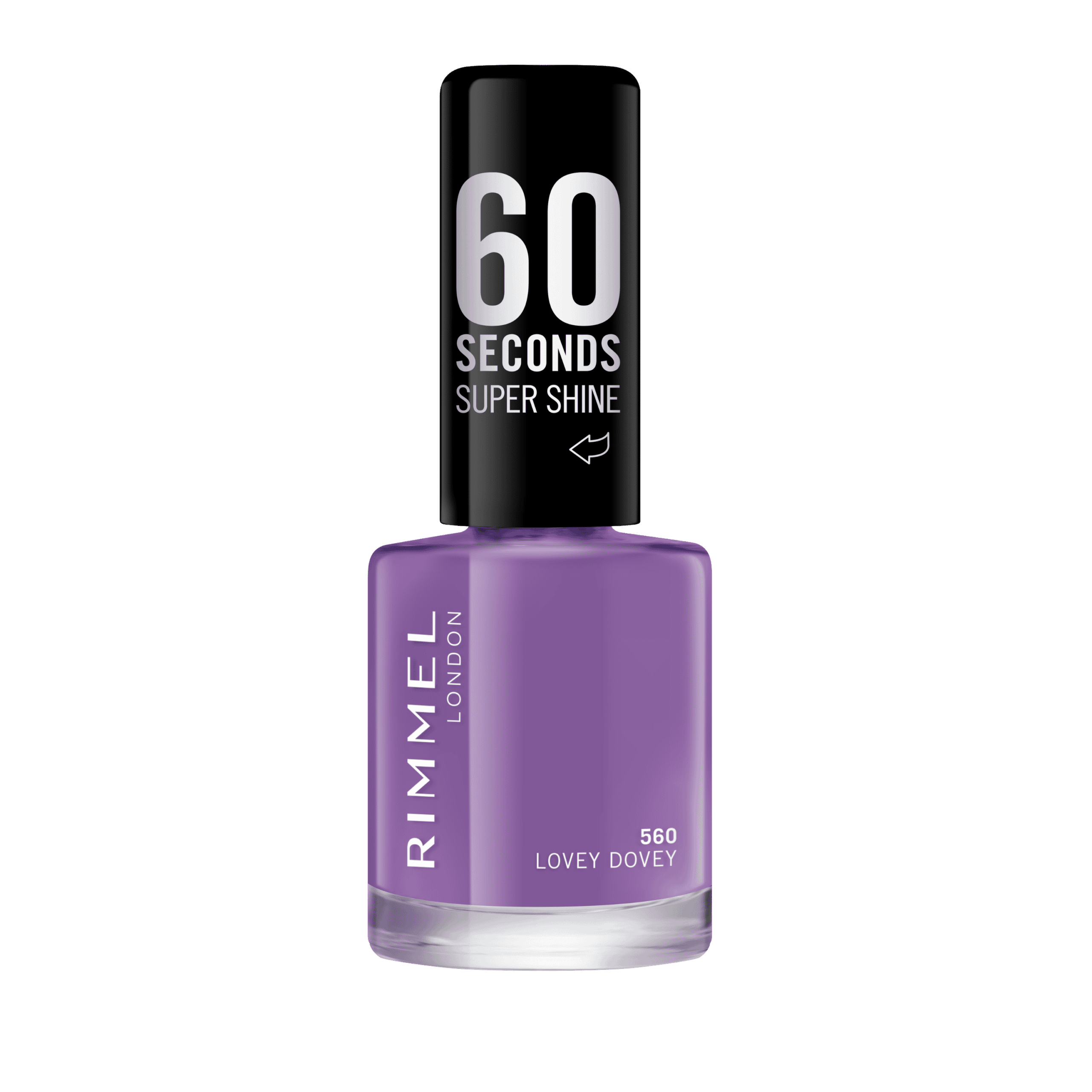 RIMMEL 60 Seconds Super Shine Nail Polish 560 Lovey Dovey in a glossy purple shade with a quick-dry, high-shine finish and black cap