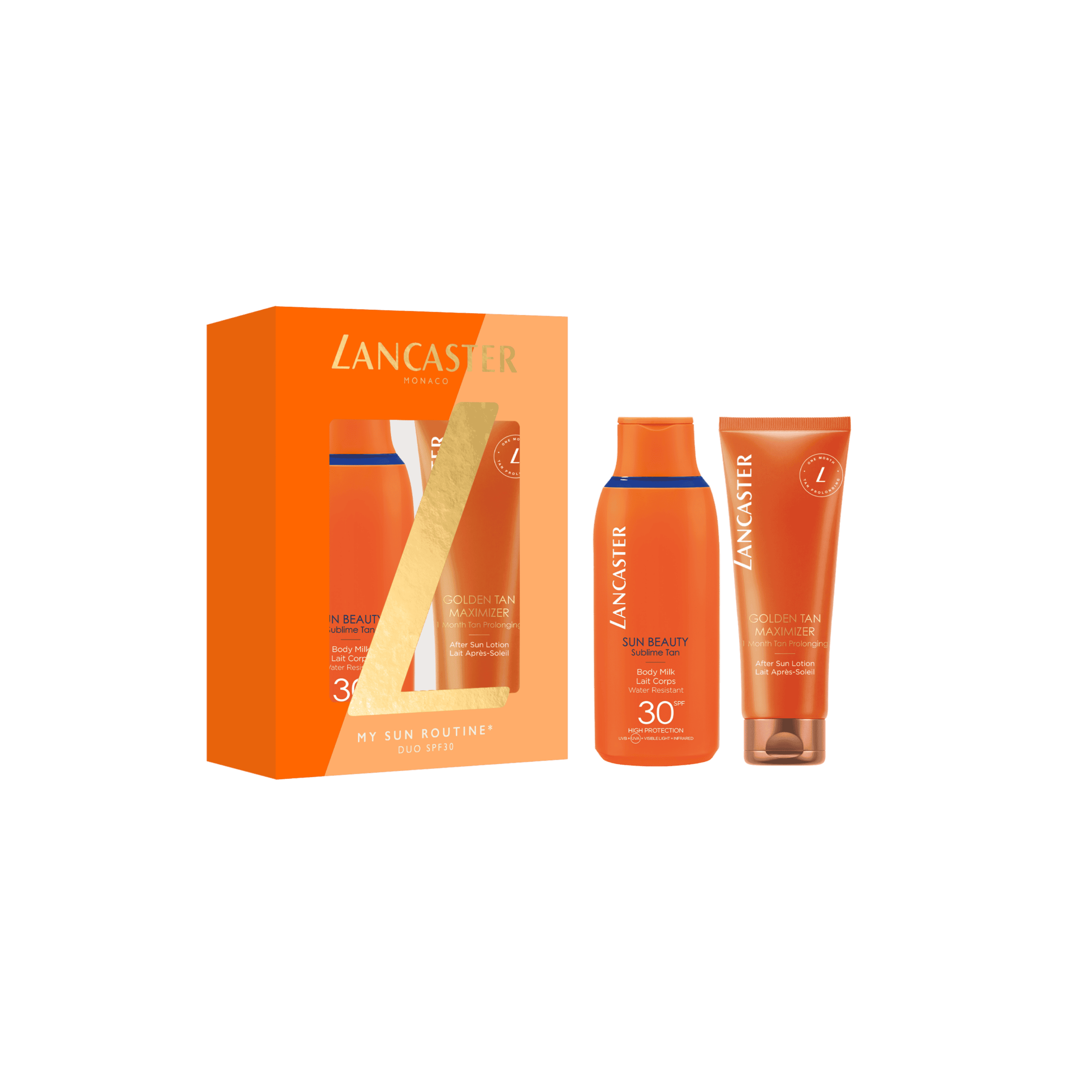 LANCASTER My Sun Routine Duo SPF30 set with Sun Beauty Body Milk SPF30 175ml and Golden Tan Maximizer After Sun Lotion 125ml for sun protection and long-lasting tan care.