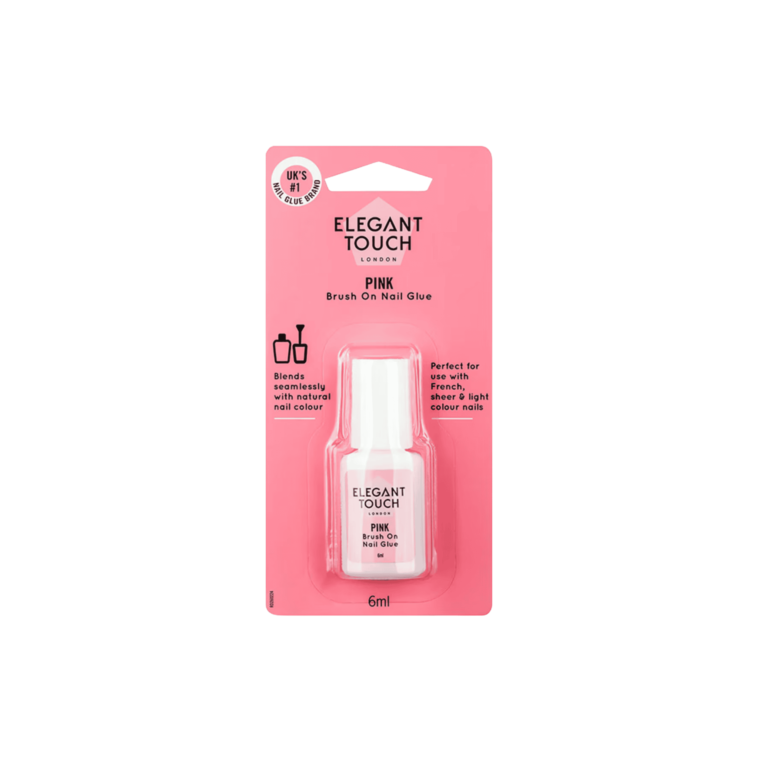 ELEGANT TOUCH Brush-On Nail Glue Pink 6ml with precision brush applicator, ideal for French, sheer, and light-coloured false nails.