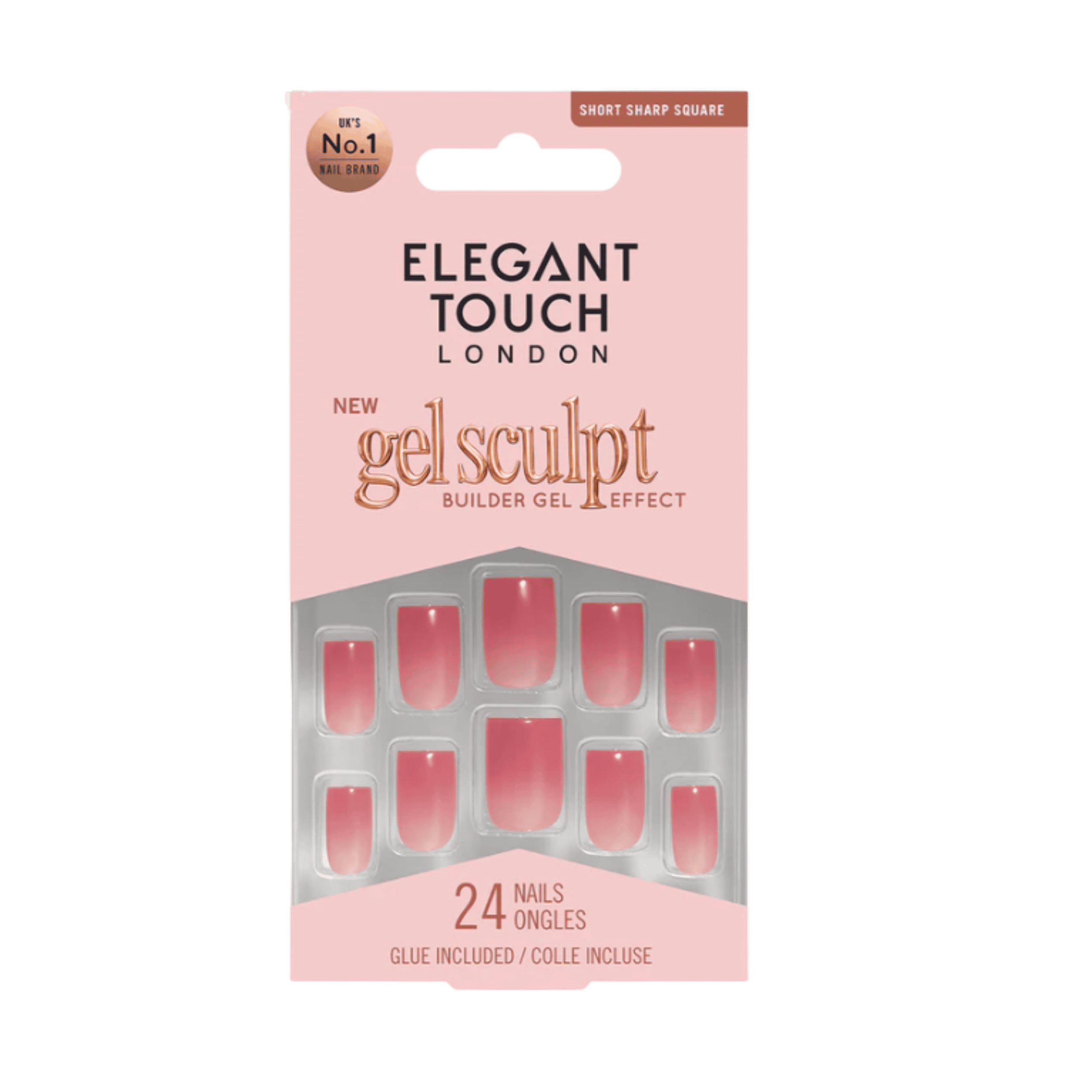ELEGANT TOUCH FALSE NAILS COLOUR GEL FINISH CANDY CHARM (8997) - 5011522188997 (1) ELEGANT TOUCH Gel Sculpt Builder Gel Effect false nails with pink ombré design and glossy finish, 24 nails with glue included.