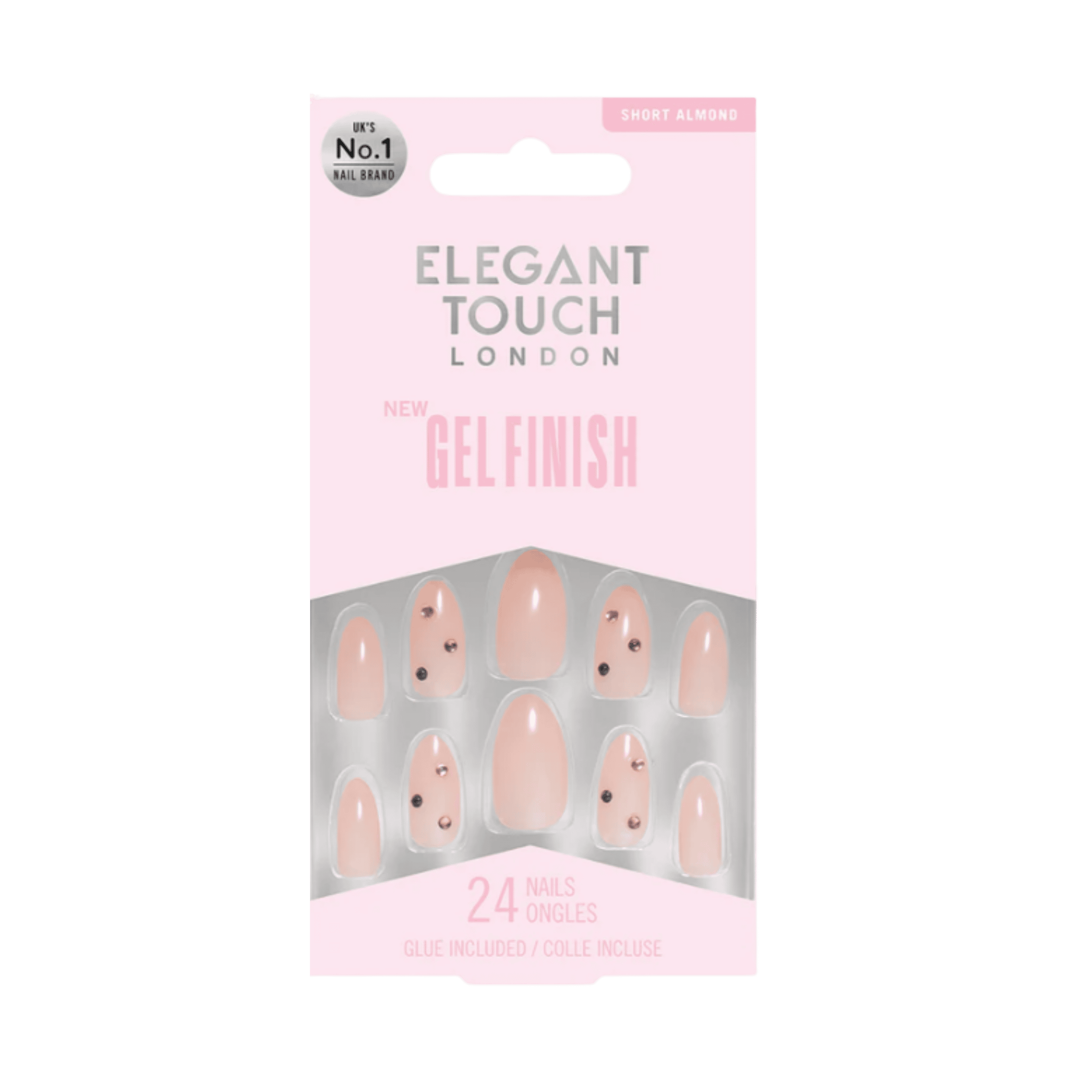 ELEGANT TOUCH Colour Gel Finish Candy Charm False Nails featuring a glossy nude finish with delicate crystal accents in a short almond shape, with 24 nails and glue include