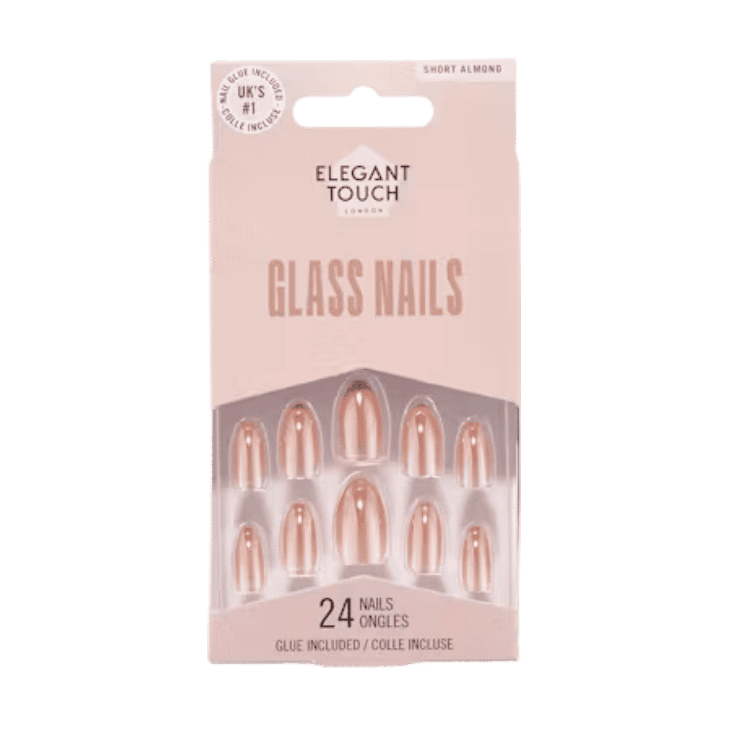 ELEGANT TOUCH Glass Nails Sweet Sheen False Nails with a reflective rose gold metallic finish, short almond shape, and salon-inspired glossy effect.