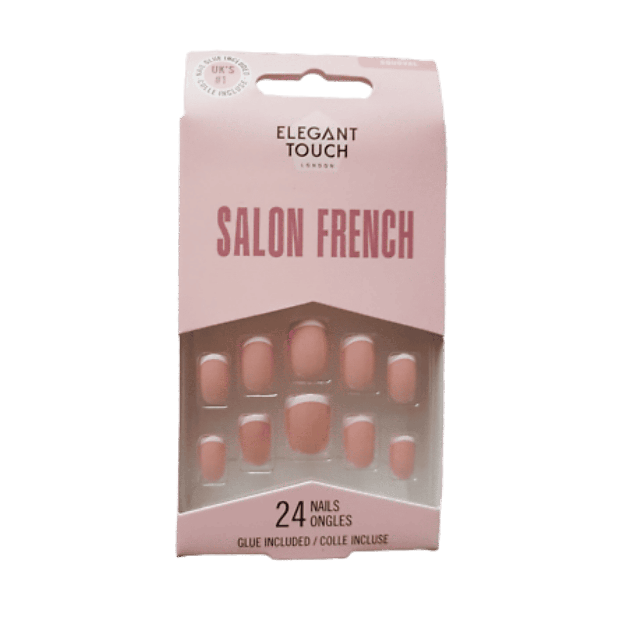 ELEGANT TOUCH Salon French 122 False Nails with elegant nude pink base, white French tips, and glue included for a salon-quality manicure.