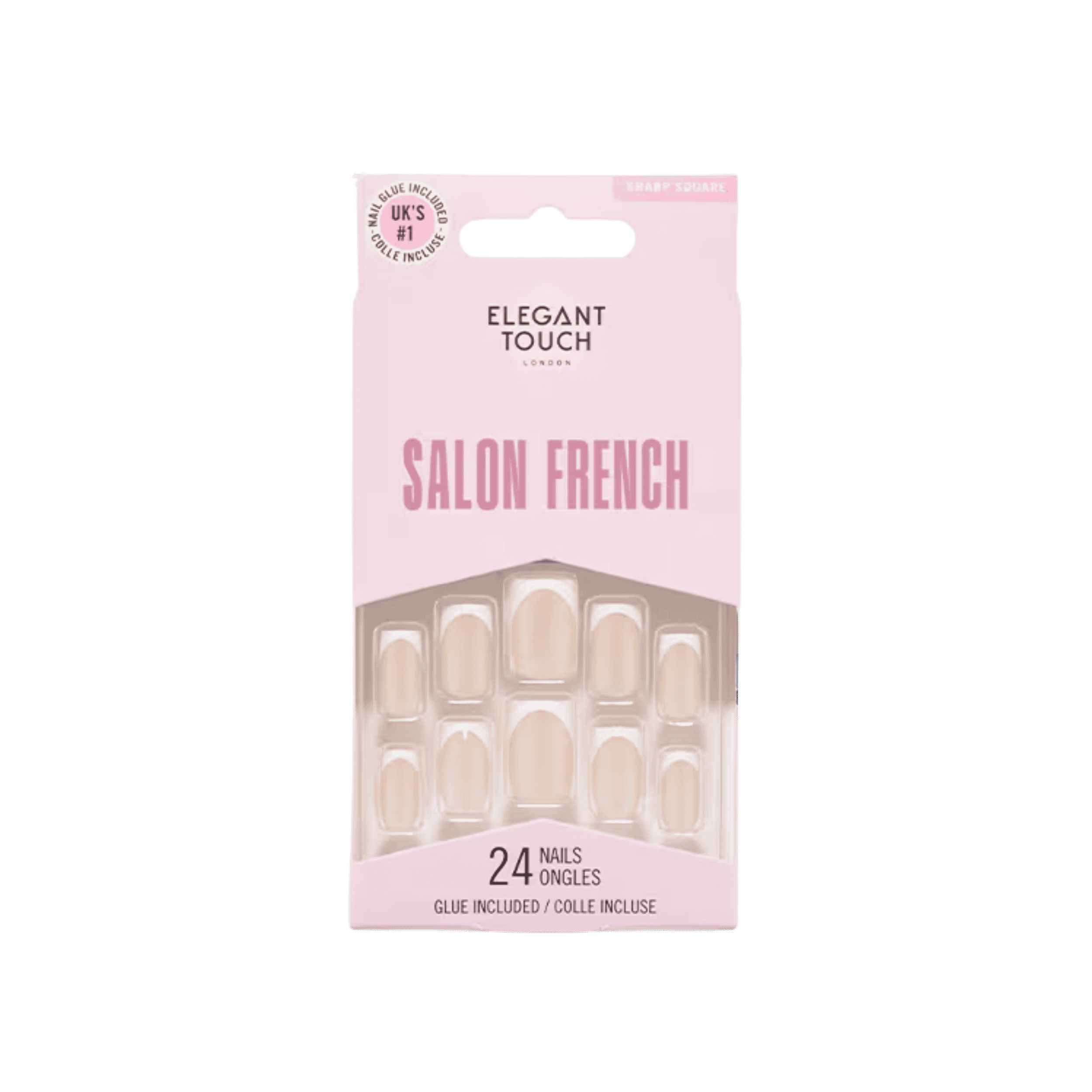 ELEGANT TOUCH Salon French 168 False Nails with elegant French tips, sharp square shape, 24 nails, and glue included.