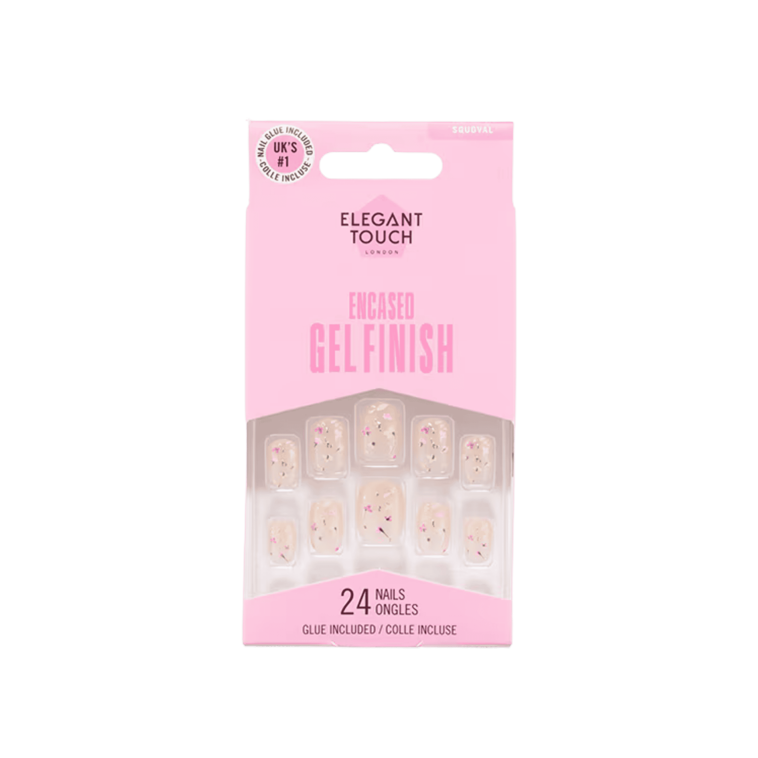 ELEGANT TOUCH Gel Finish Forever Flower False Nails featuring a glossy nude base with delicate pink and gold floral-inspired confetti accents in a squoval shape, with 24 nails and glue included.