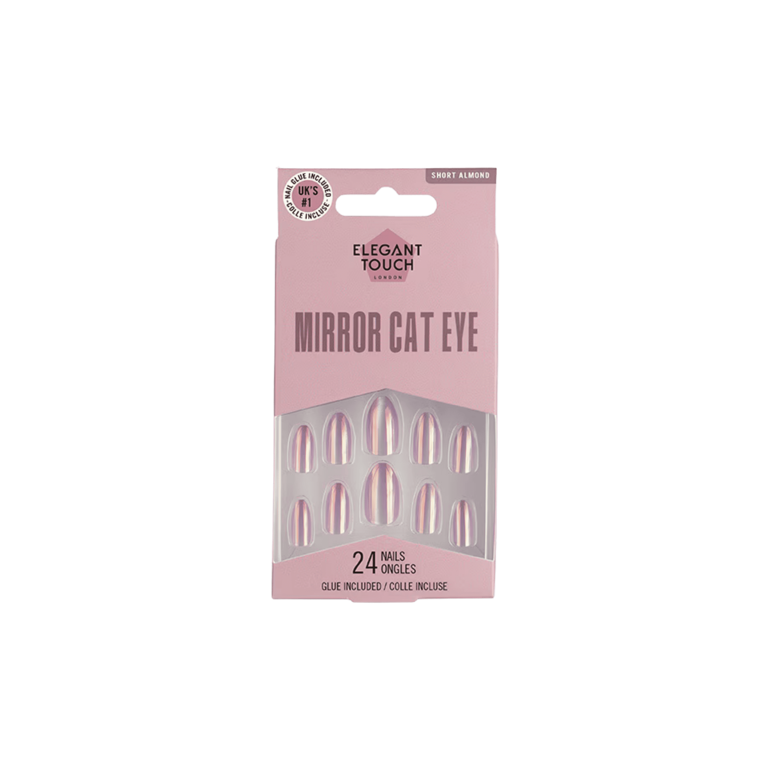 ELEGANT TOUCH Mirror Cat Eye False Nails with holographic chrome finish, short almond shape, 24 nails, and glue included.
