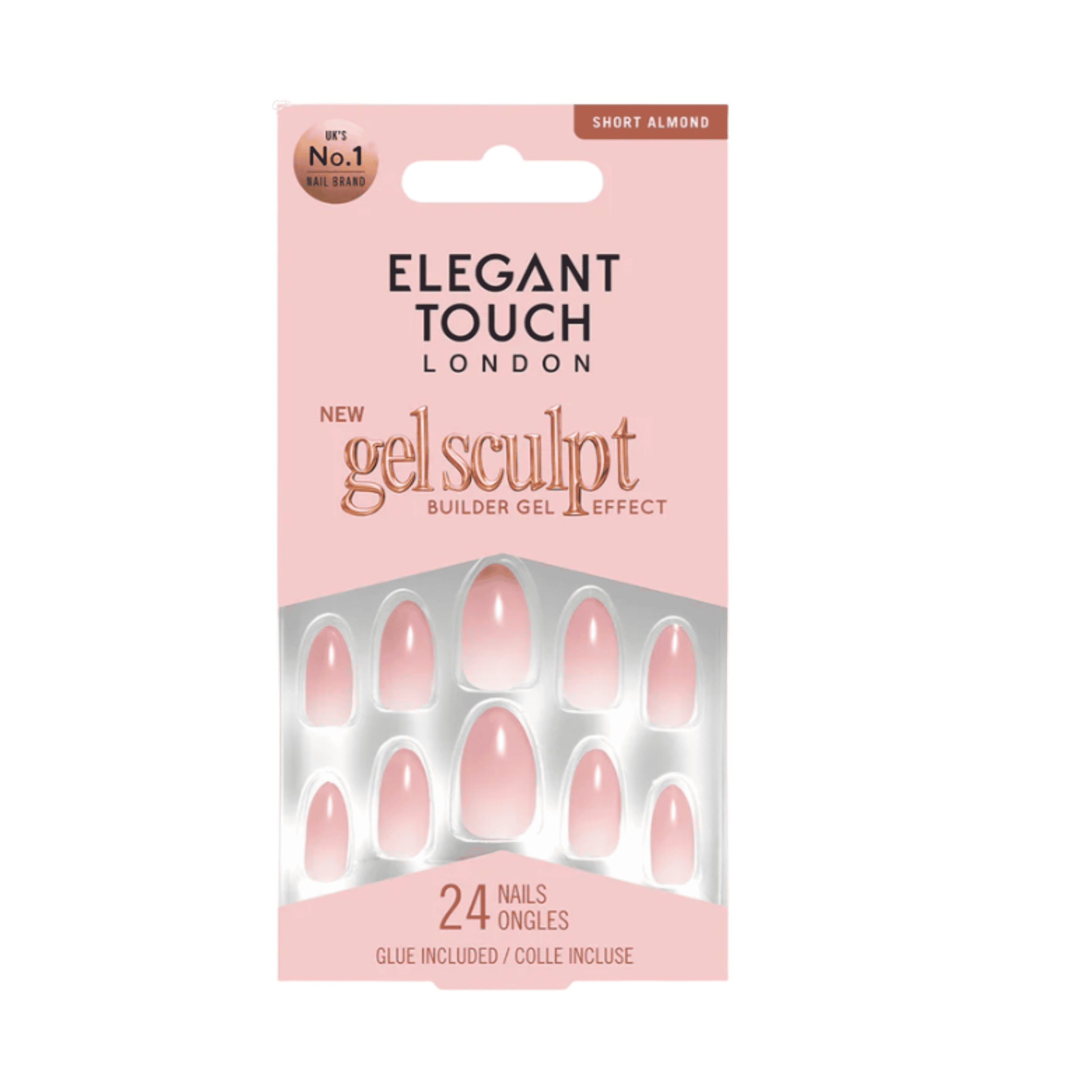 ELEGANT TOUCH FALSE NAILS GEL SCULPT ROSE LATTE (9178) - 5011522189178 (1) ELEGANT TOUCH Gel Sculpt Rose Latte false nails with glossy soft pink ombré finish and short almond shape, 24 nails with glue included.
