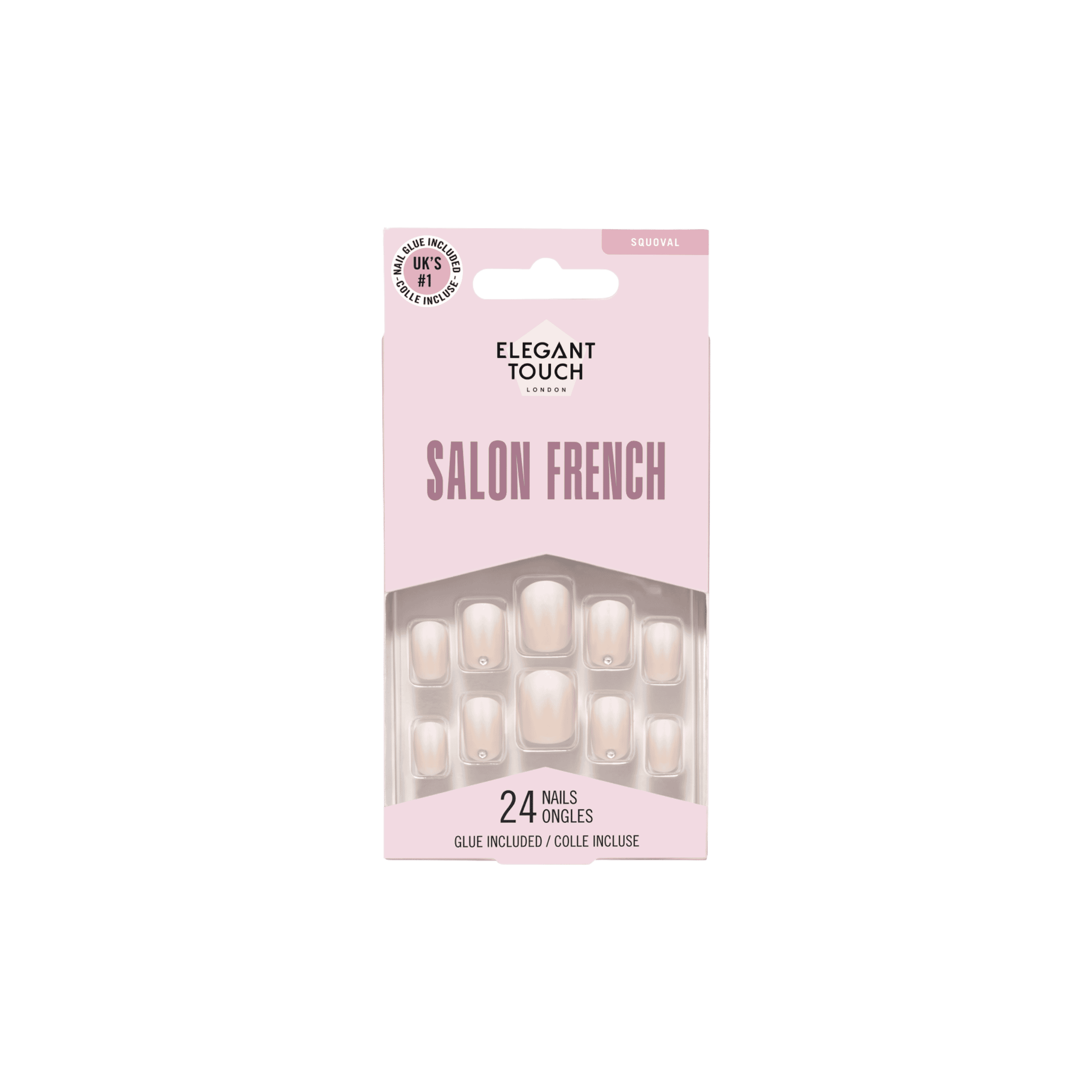 ELEGANT TOUCH Salon French 150 False Nails with elegant nude pink finish, crystal embellishments, and salon-inspired French manicure style.