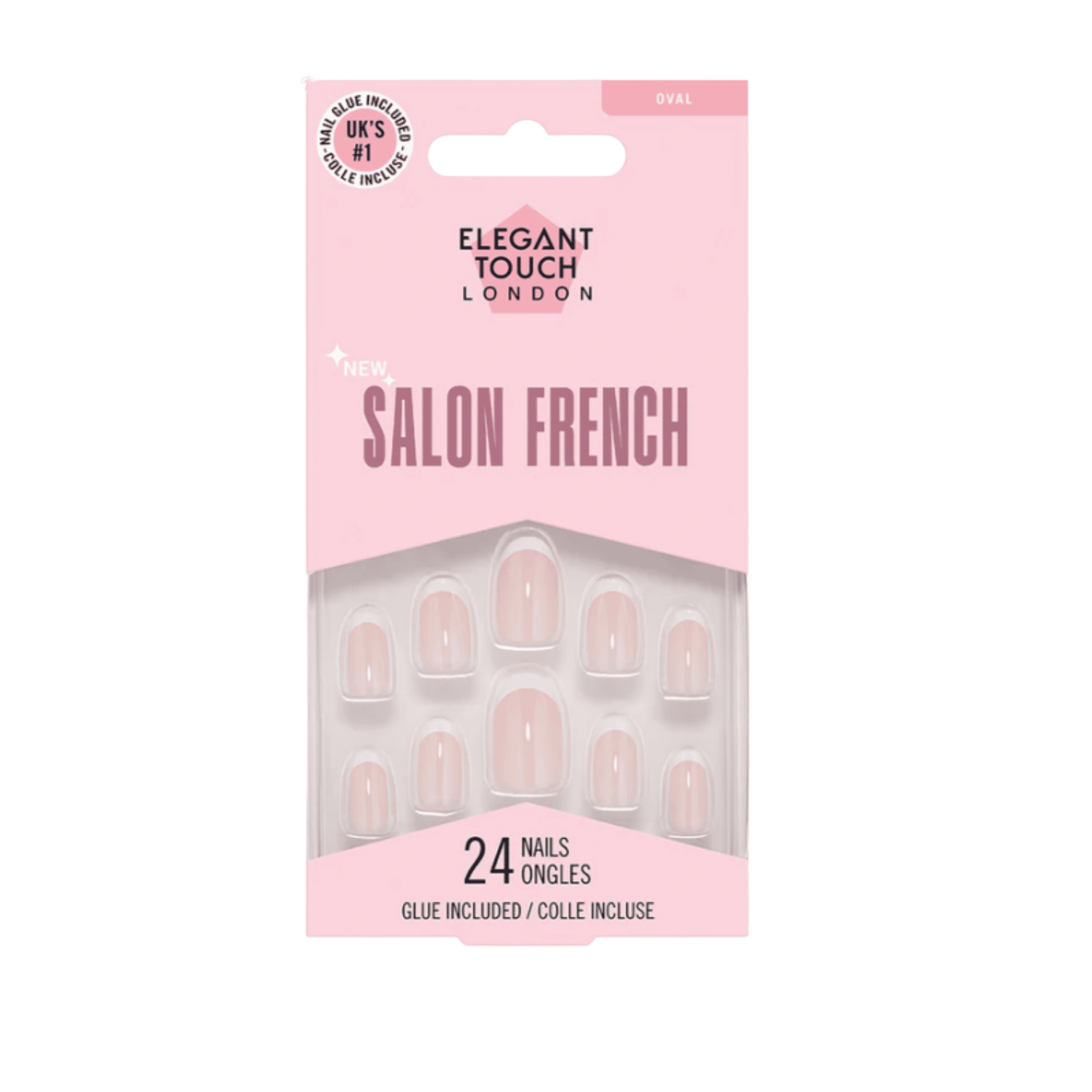 ELEGANT TOUCH FALSE NAILS SALON FRENCH 174 (7006) - 5011522187006 ELEGANT TOUCH Salon French 174 False Nails featuring a nude pink base with white French tips in an elegant oval shape, with 24 nails and glue included.