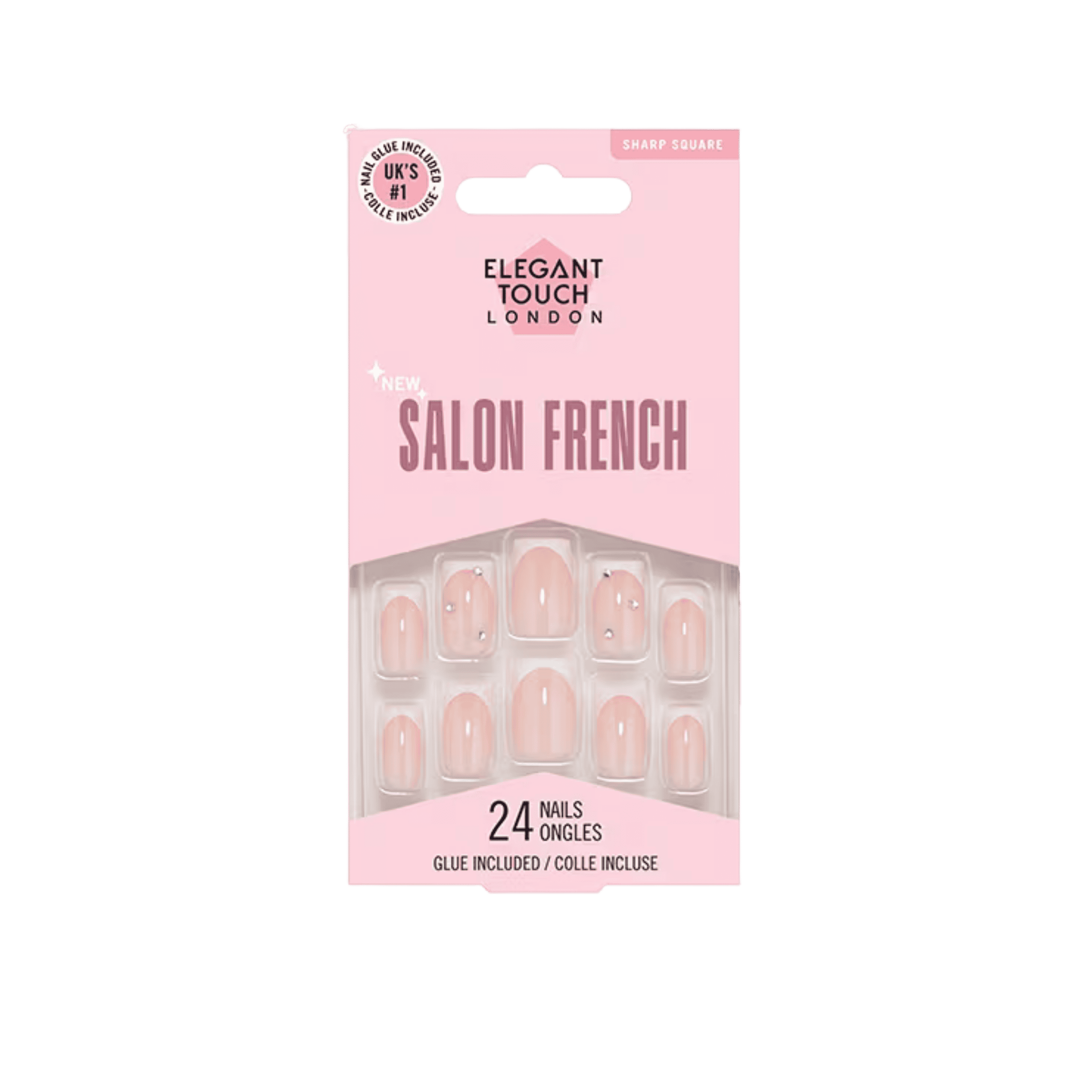 ELEGANT TOUCH Salon French 188 False Nails featuring a nude pink finish with delicate crystal accents and a sharp square shape, with 24 nails and glue included.