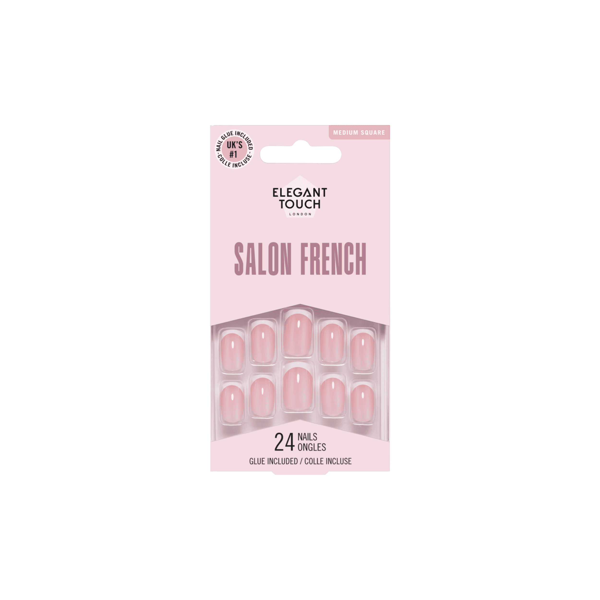 ELEGANT TOUCH Salon French 160 False Nails with a glossy soft pink finish, medium square shape, and salon-inspired manicure design.