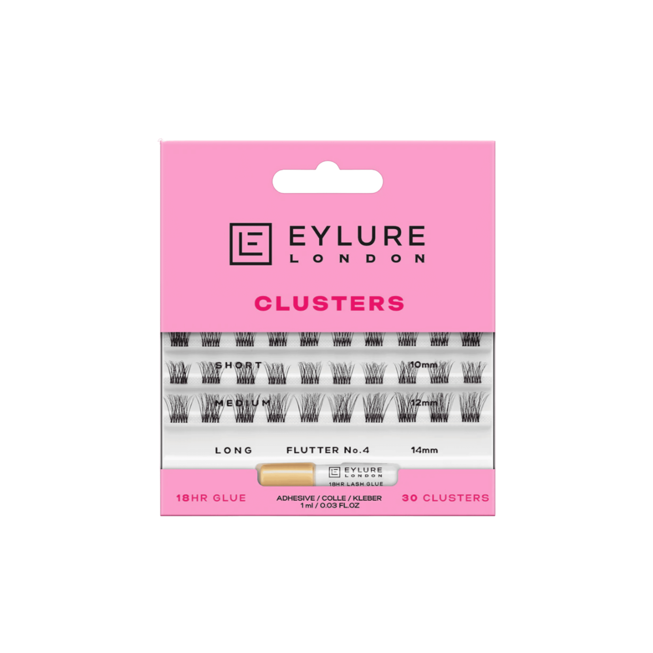 EYLURE Fluttery No.4 lash clusters with 30 individual lashes in short, medium and long lengths, including 18-hour lash glue.