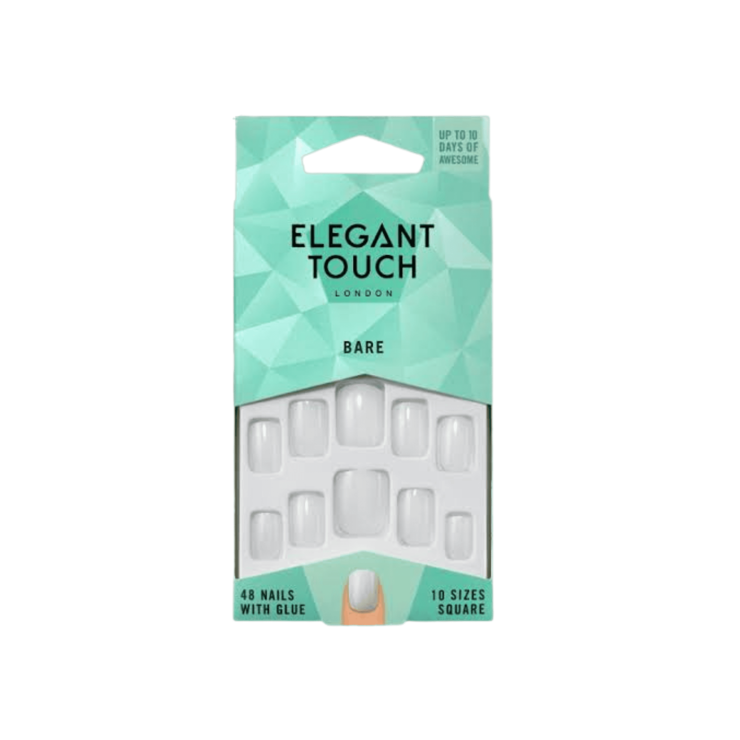 ELEGANT TOUCH Bare Square False Nails with 48 press-on nails, 10 sizes, and included glue for up to 10 days of wear.