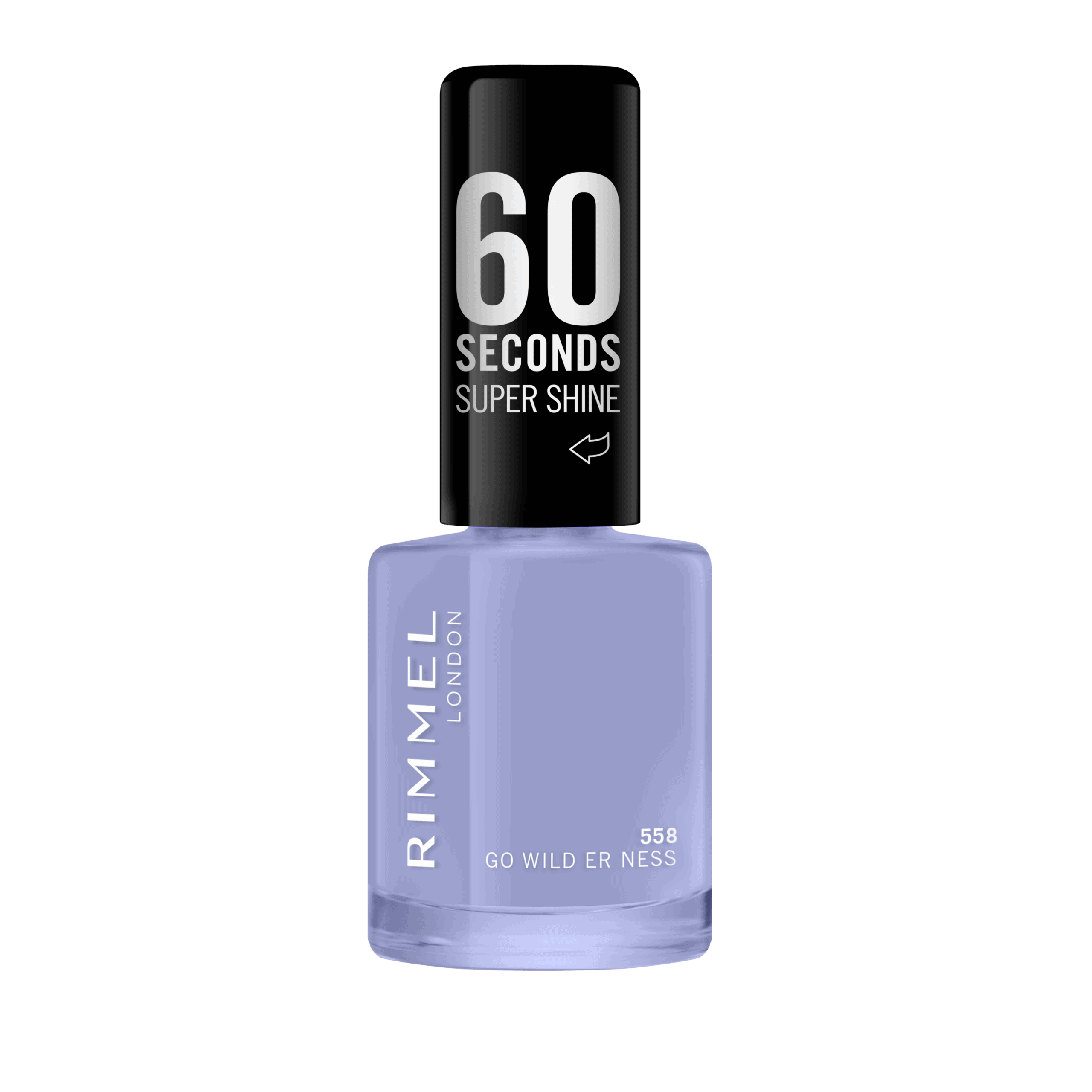 RIMMEL 60 Seconds Super Shine Nail Polish 558 Go Wild-Er-Ness in a soft lavender shade with a quick-dry, high-shine finish and black cap.