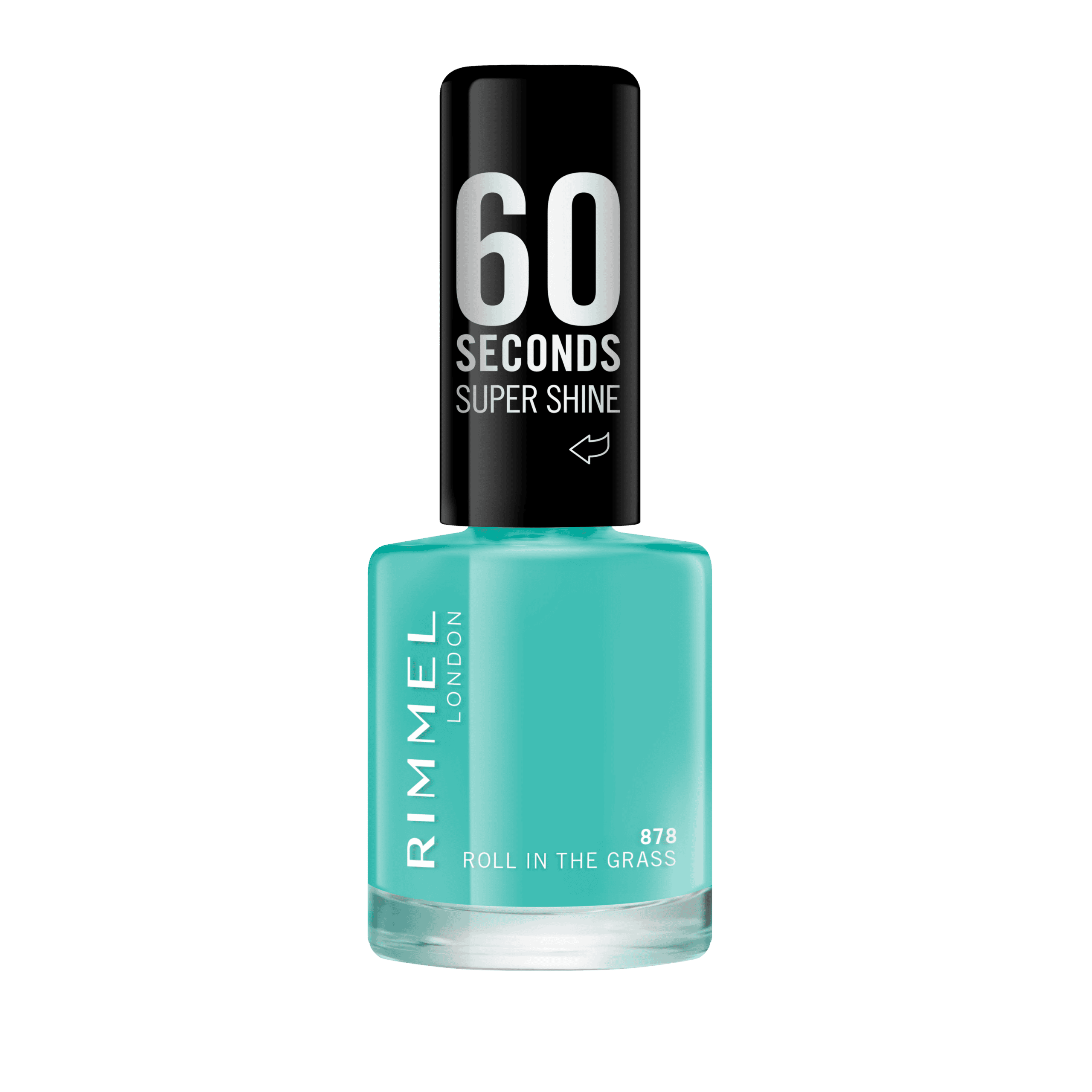 RIMMEL 60 Seconds Super Shine Nail Polish 878 Roll In The Grass in a vibrant green shade with a glossy finish and quick-dry formula.