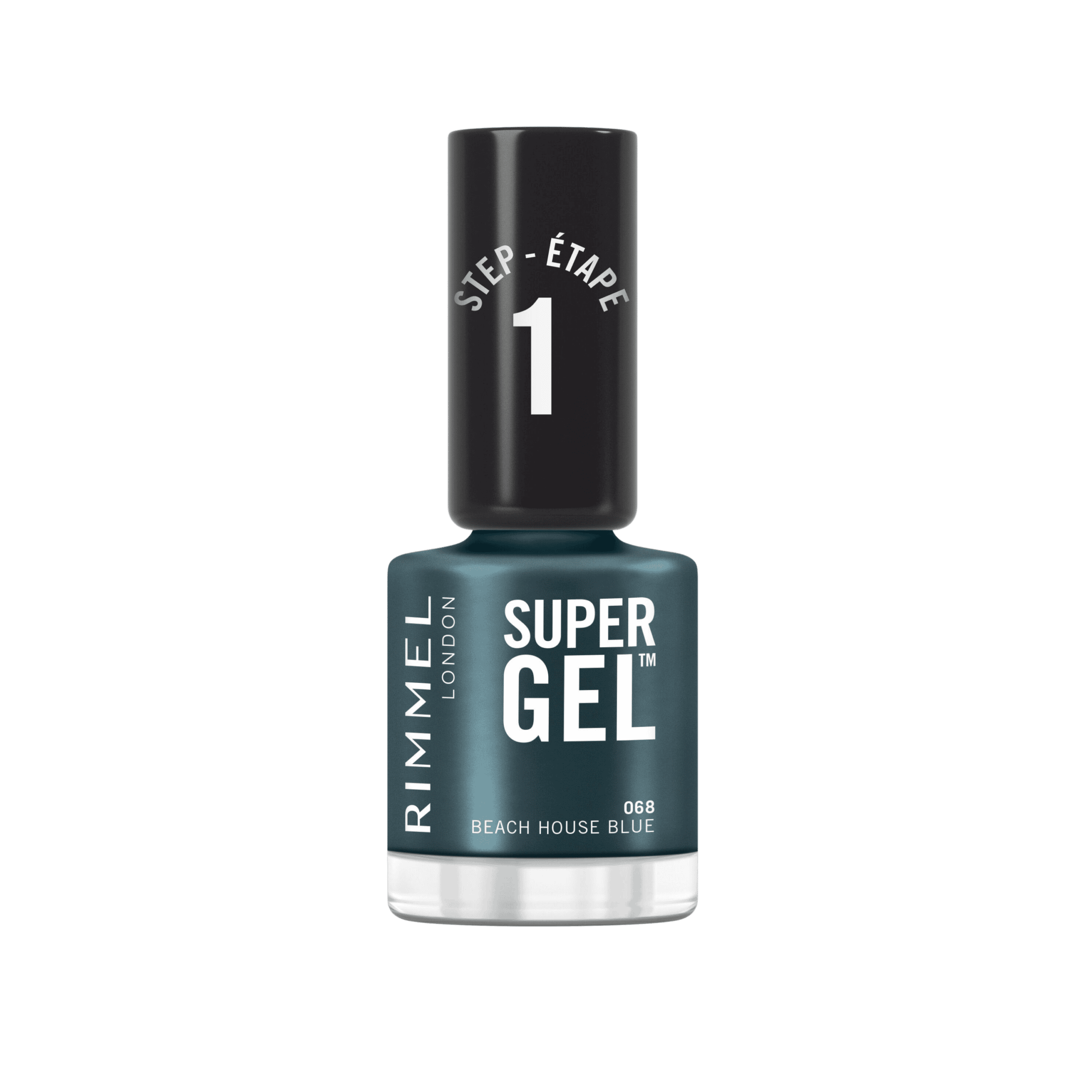 RIMMEL Super Gel Nail Polish 068 Beach House Blue in a deep teal-blue shade, presented in the signature Super Gel bottle with a black Step 1 cap and silver base. Long-lasting gel-effect nail polish with no UV lamp required.