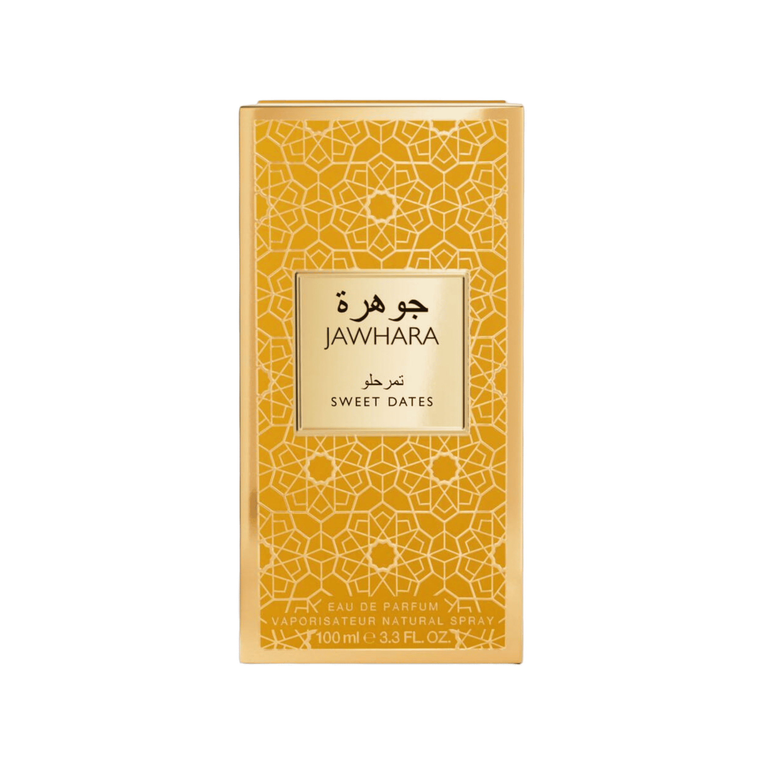 Jawhara Sweet Dates Eau de Parfum 100ml outer box featuring gold Arabian-inspired geometric design