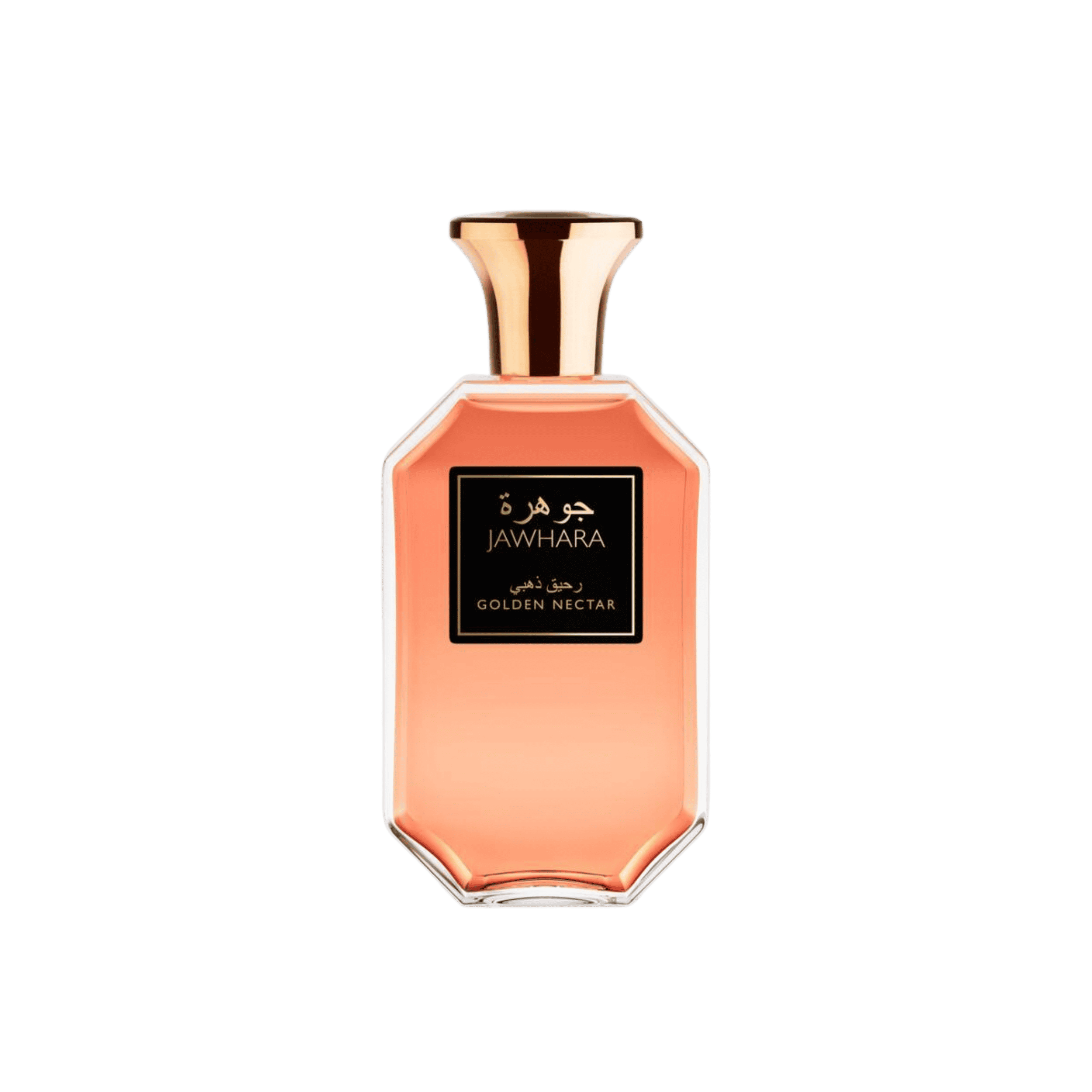 Jawhara Golden Nectar Eau de Parfum 100ml unisex Arabic fragrance bottle with soft coral gradient and elegant gold cap.