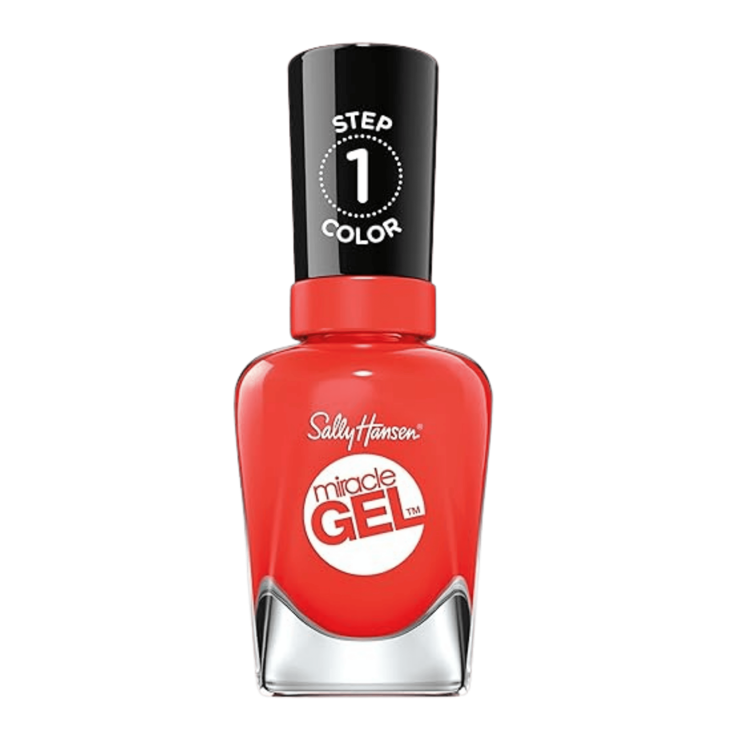 SALLY HANSEN Miracle Gel Nail Polish 470 Red Eye in a bright coral-red shade, displayed in the signature Miracle Gel bottle with black cap and silver base.