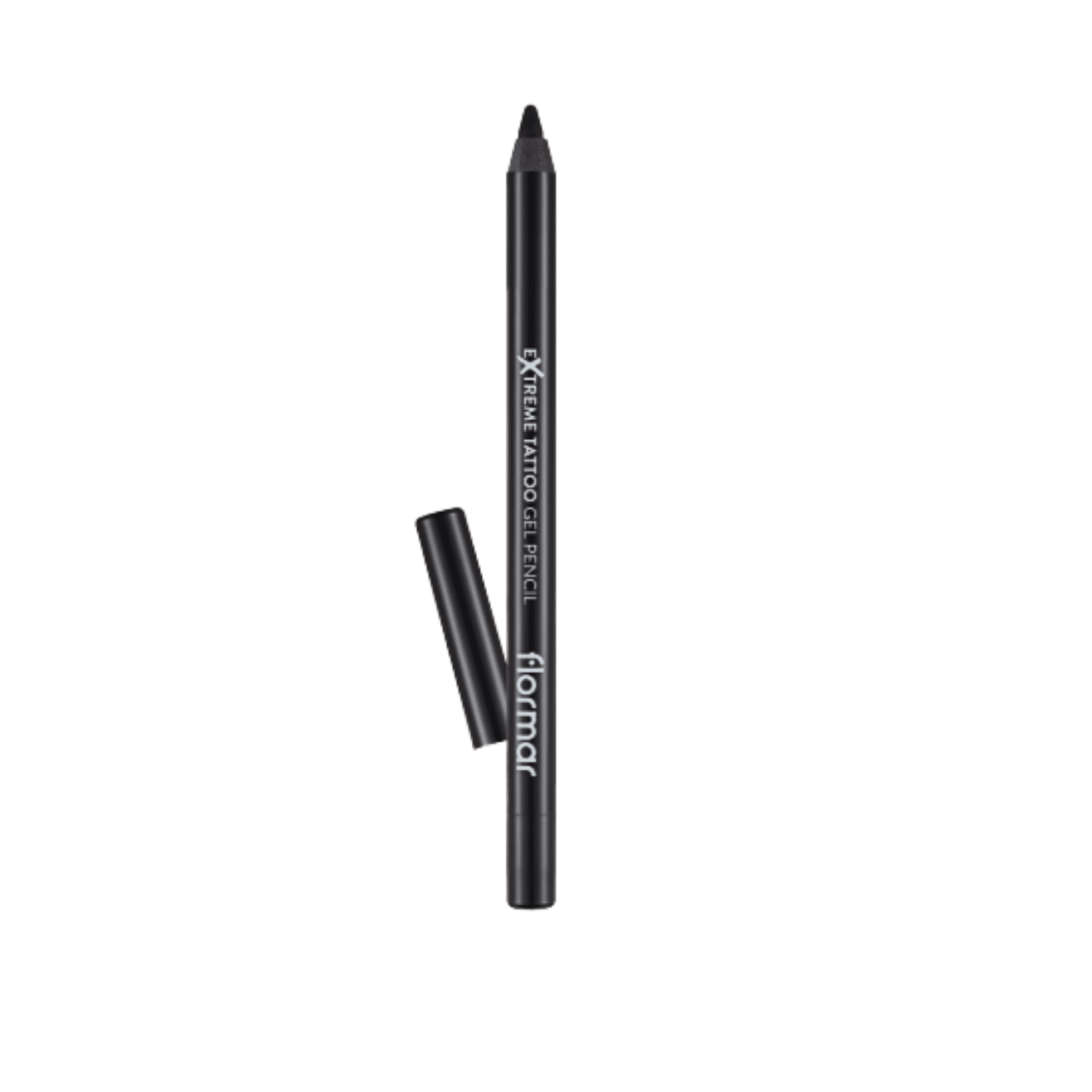 FLORMAR Eyes Extreme Tattoo Gel Pencil 06 Onyx with a retractable black gel tip and removable cap, shown on a black background. Long-lasting waterproof gel eyeliner for bold, smudge-resistant eye definition