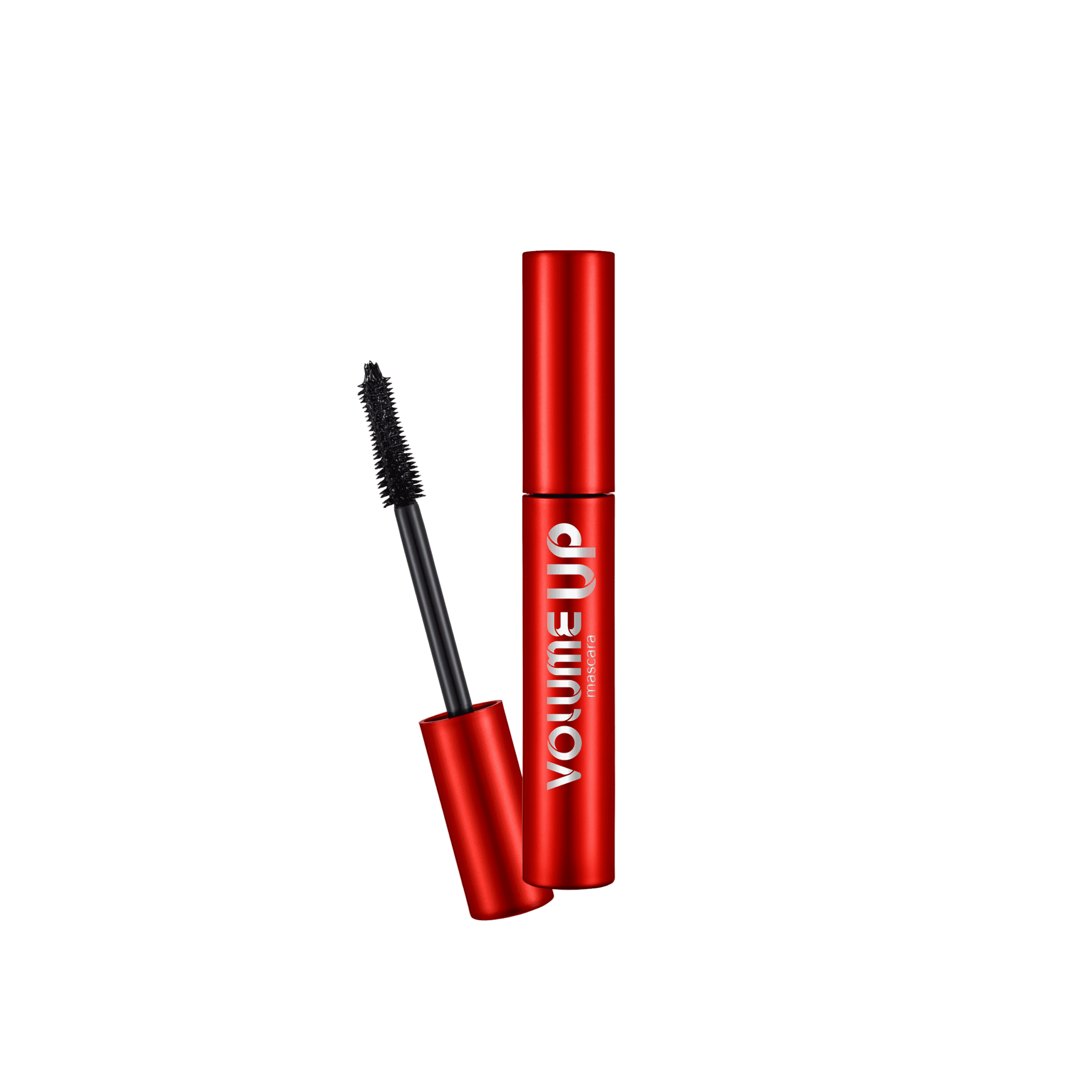 FLORMAR Volume Up Mascara 000 Black with a metallic red tube and precision brush applicator, shown open on a white background. Volumising black mascara designed to build fuller, defined lashes with intense colour.