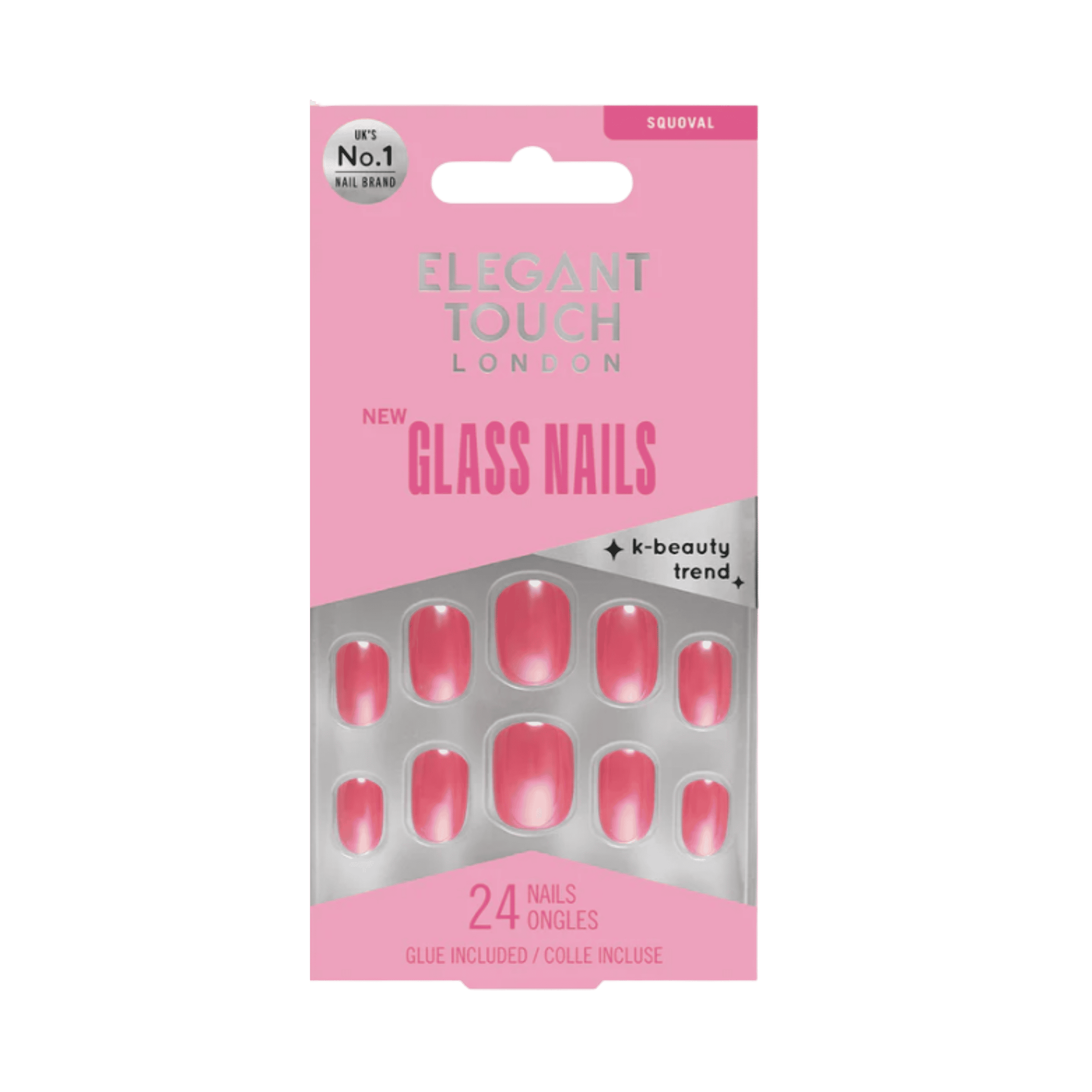 ELEGANT TOUCH Glass Nails Glass Cranberry False Nails featuring a glossy cranberry pink gradient finish in a squoval shape, inspired by K-beauty trends, with 24 nails and glue included.