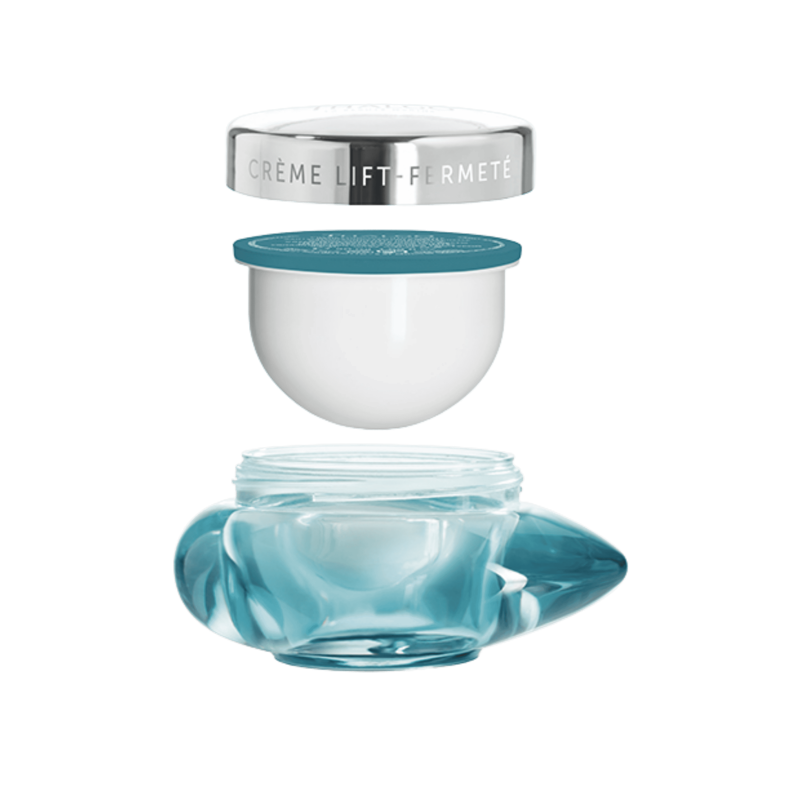 THALGO Silicium Lift Lifting & Firming Cream Refill 50ml with white refill capsule, silver lid and turquoise glass jar.